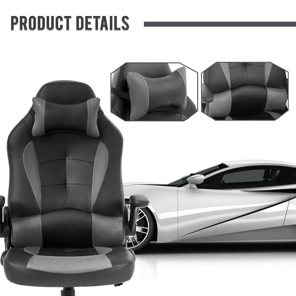 Ergonomic Gaming Chair with Lumbar Support & Headrest - High Back PU Leather Office Chair for Adults - Adjustable Racing Style Computer Desk Chair with Massage Function & Swivel Base - Perfect for Home Office, Gaming Setup & Workstation Comfort (Grey)