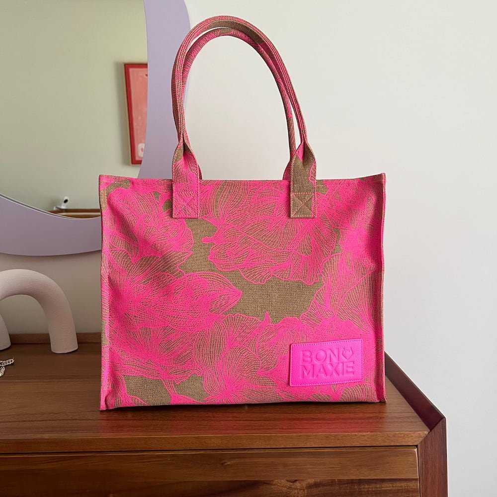 Large Bon Vivant Tote Bag - Stylish Neon Pink/Tan Floral Print | Perfect for Beach, Shopping & Everyday Use