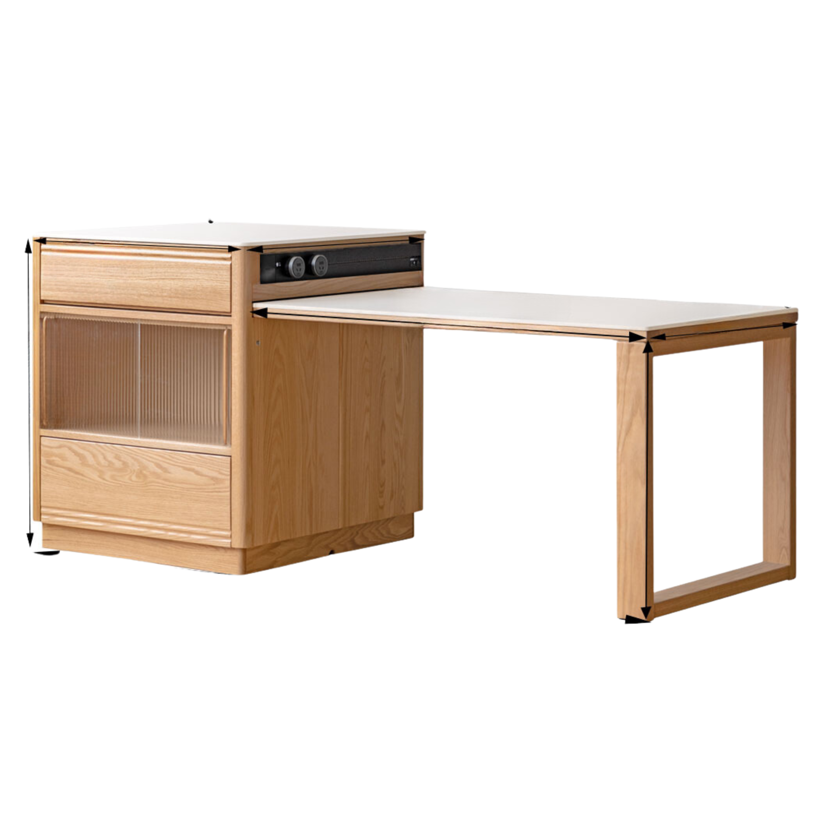72.4-94.7x35x36.6 inch / 184-240.5x89x93сm / Natural wood color/ retractable island + rock slab dining table + Deshen embedded electric rail
