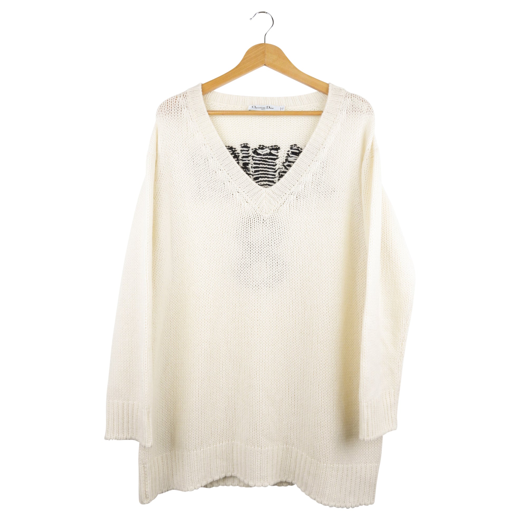 Christian Dior Cream & Black J'adior 8 Graphic Cashmere V-Neck Oversized Sweater - Women's Size 34 FR / 2 USA - Luxury Knitwear for Fall & Winter Fashion, Office & Casual Wear