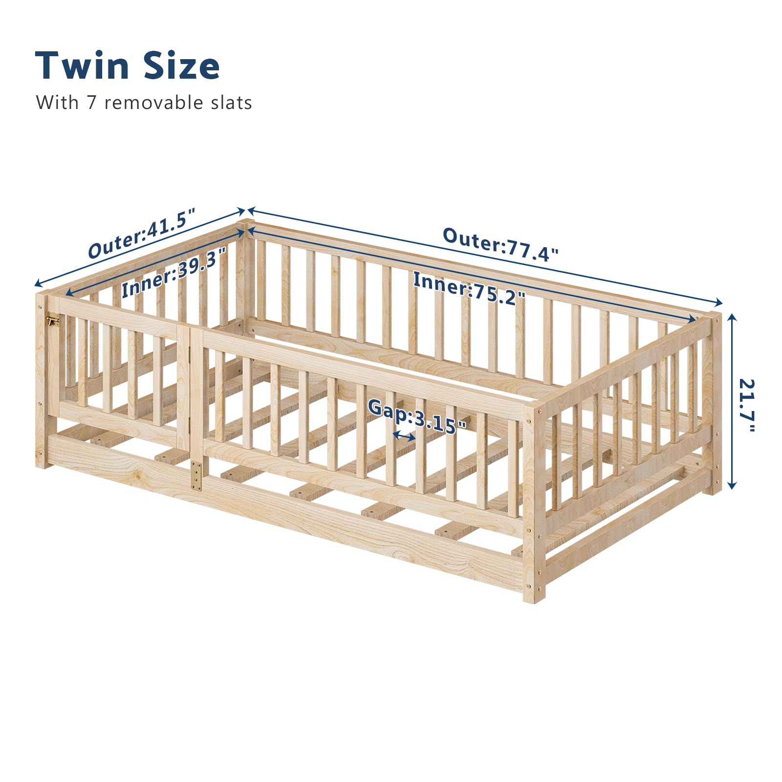 Tatub Twin Floor Bed with High Safety Rails & Slats - Natural Solid Wood Montessori Bed Frame for Kids - Toddler Floor Bed with Door for Boys & Girls - Perfect for Montessori Rooms, Daycare Centers & Safe Toddler Sleep Spaces