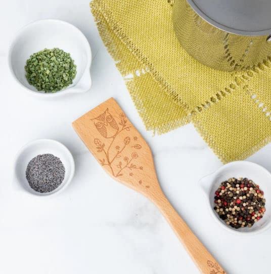 Laser Etched Beechwood Turner Spatula - Woodland Owl Design - Cute & Functional Kitchen Utensil for Cooking, Baking, Flipping Pancakes - Decorative Wooden Turner for Home & Restaurant Use