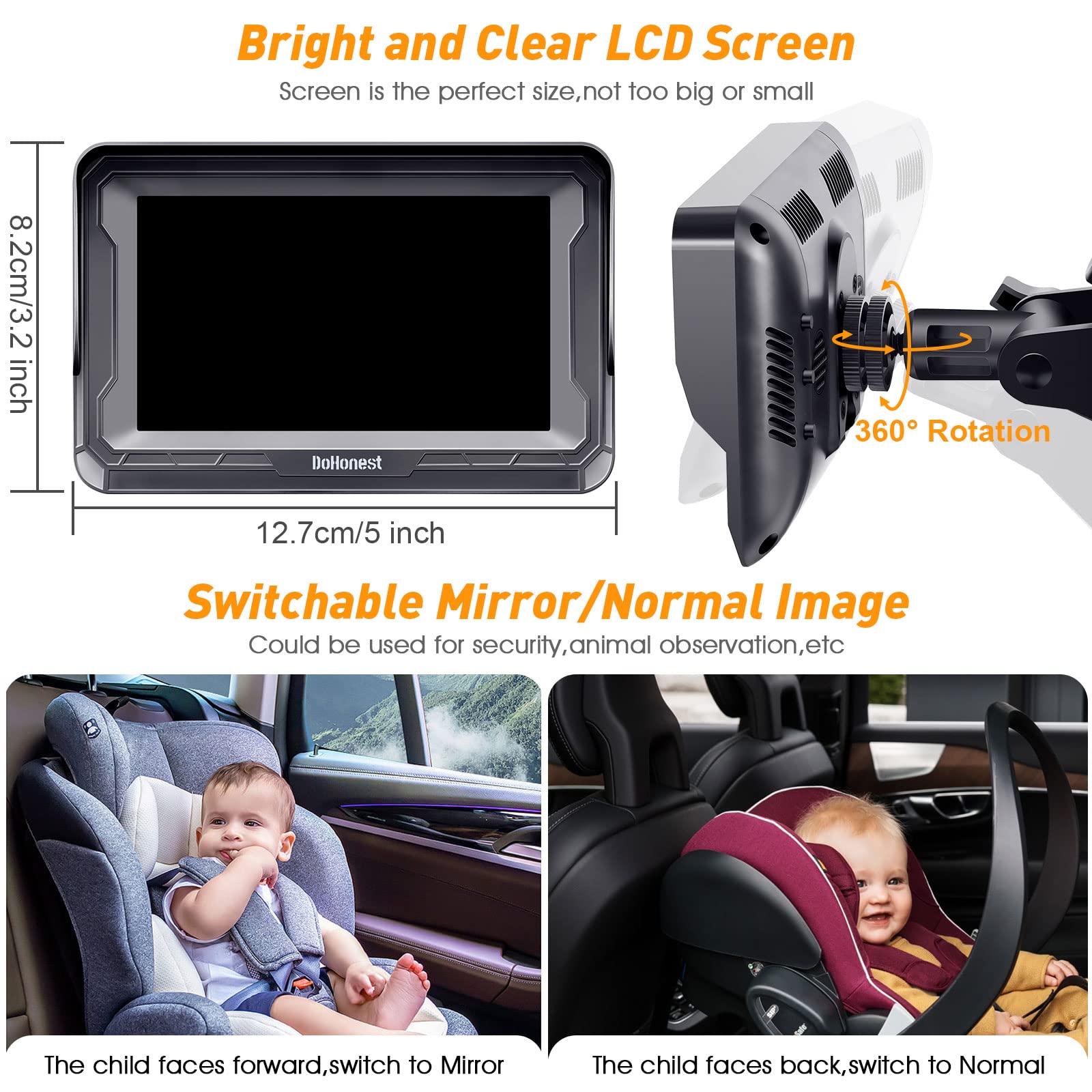 DoHonest 1080P HD Baby Car Camera with Night Vision - 150° Wide Angle, 360° Adjustable Rearview Monitor for Infant Car Seat Safety - Easy USB Plug-and-Play Installation - Perfect for Road Trips and Daily Commutes