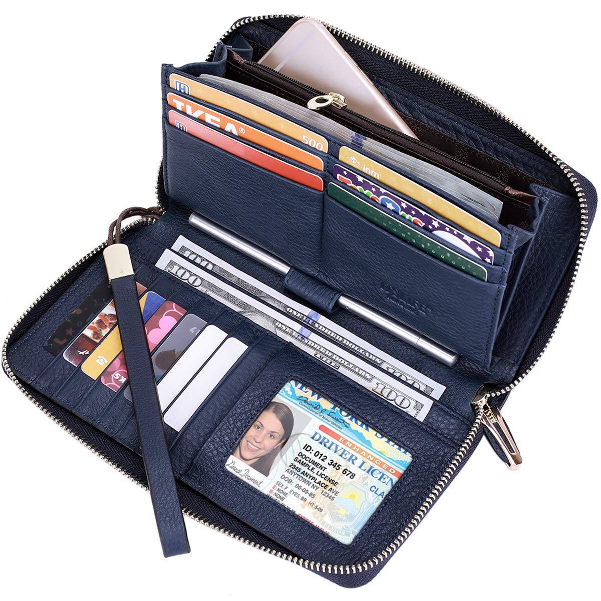 Itslife Women's RFID Blocking Leather Wallet - Zip Around Phone Clutch Purse with Wrist Strap, Large Travel Organizer (Blue) | Perfect for Everyday Use, Business Travel & Shopping