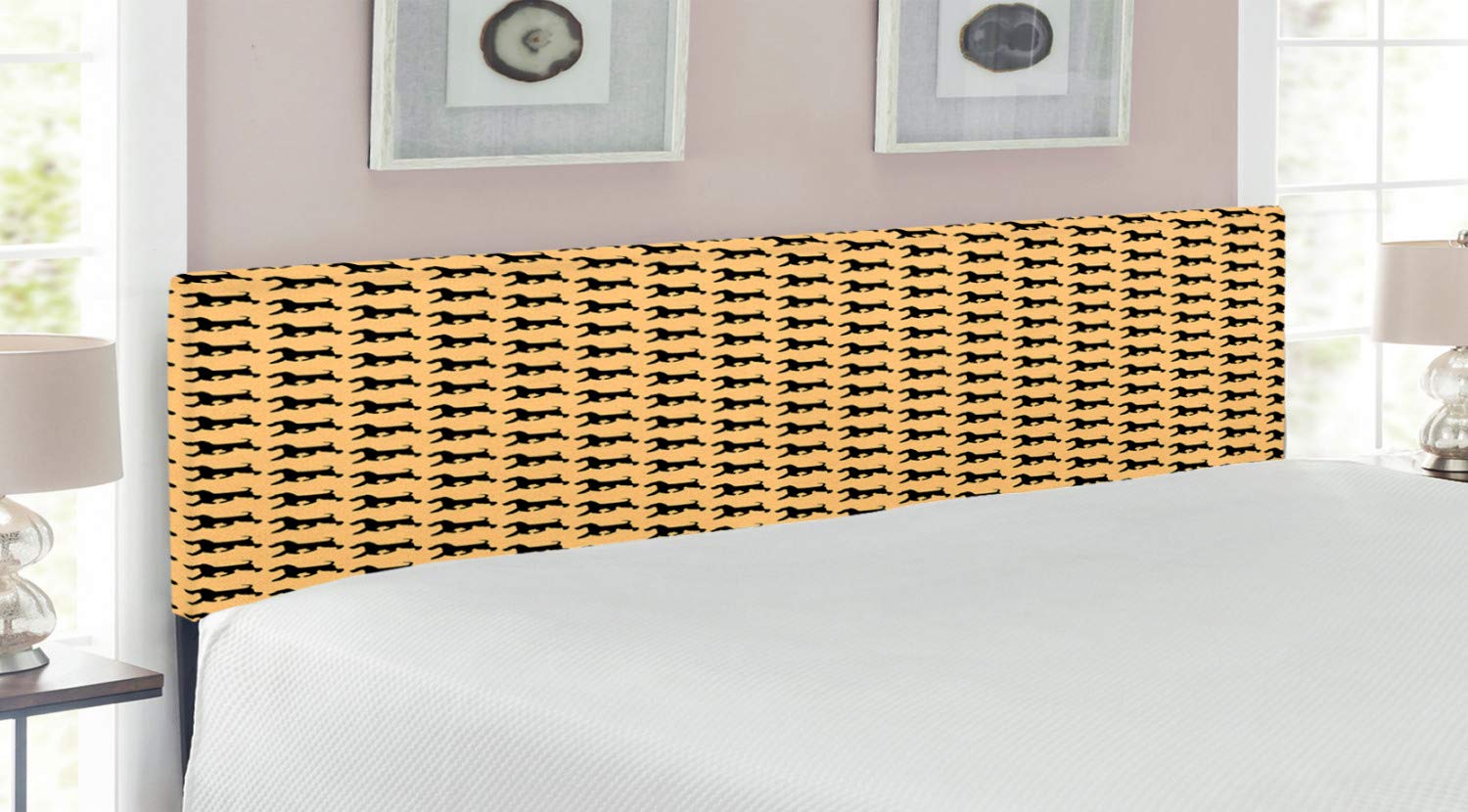 Ambesonne Scottie Dog Headboard - King Size Upholstered Metal Bed Frame with Memory Foam, Pale Yellow & Black Animal Silhouette Design for Bedroom Decor | Perfect for Pet Lovers' Master Bedroom or Guest Room