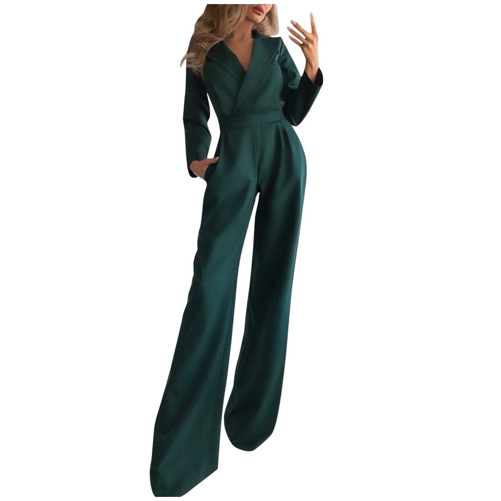 Elegant Women's Slim Fit Long-Sleeve Jumpsuit - Solid Color Comfortable One Piece Outfit for Work, Party & Casual Wear | Plus Size Options Available