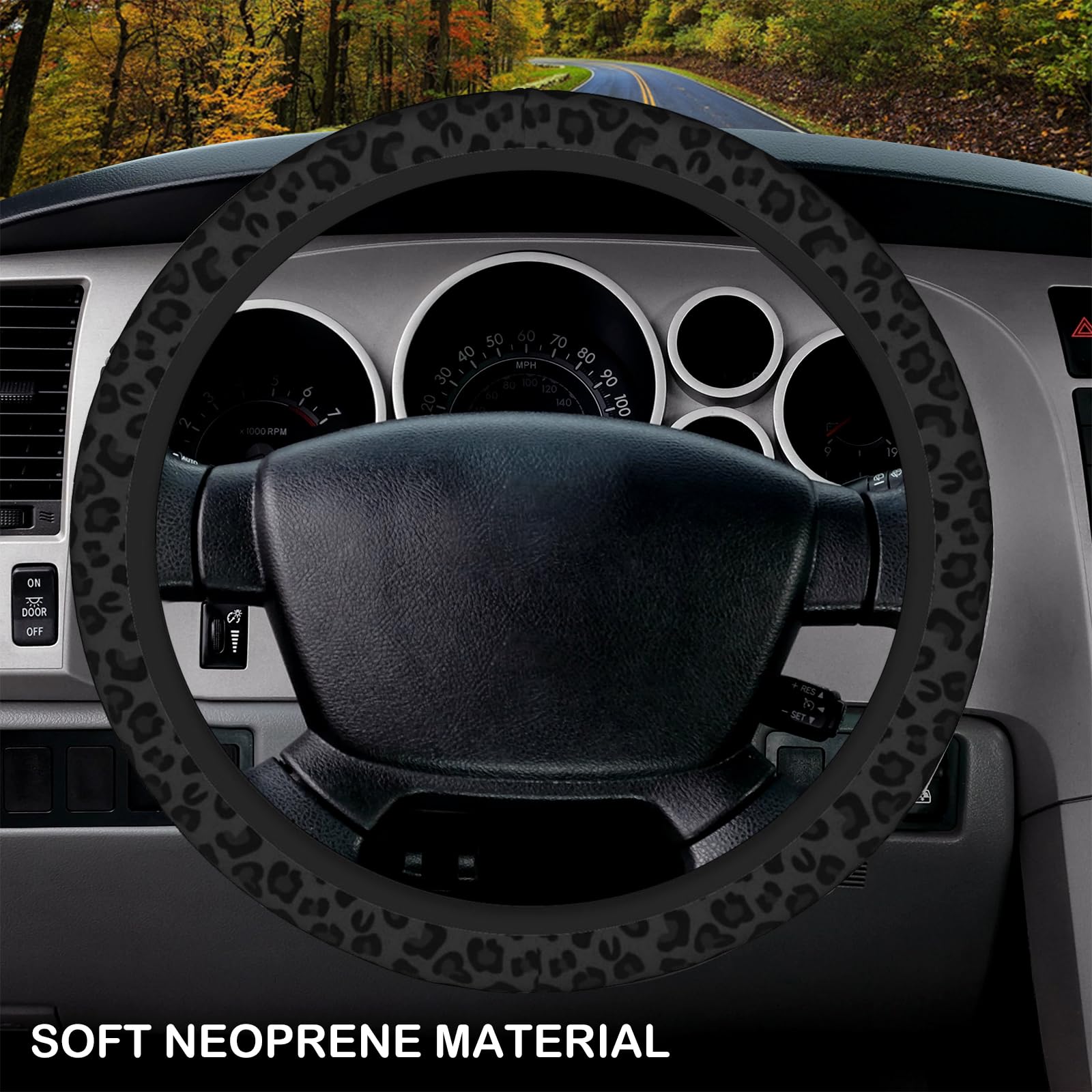 Black Leopard Print Cheetah Elastic Steering Wheel Cover - Non-Slip Breathable Neoprene Car Accessory for Women - Universal 15 Inch Fit for Cars, SUVs, Trucks - Perfect for Daily Commute, Road Trips & Stylish Driving