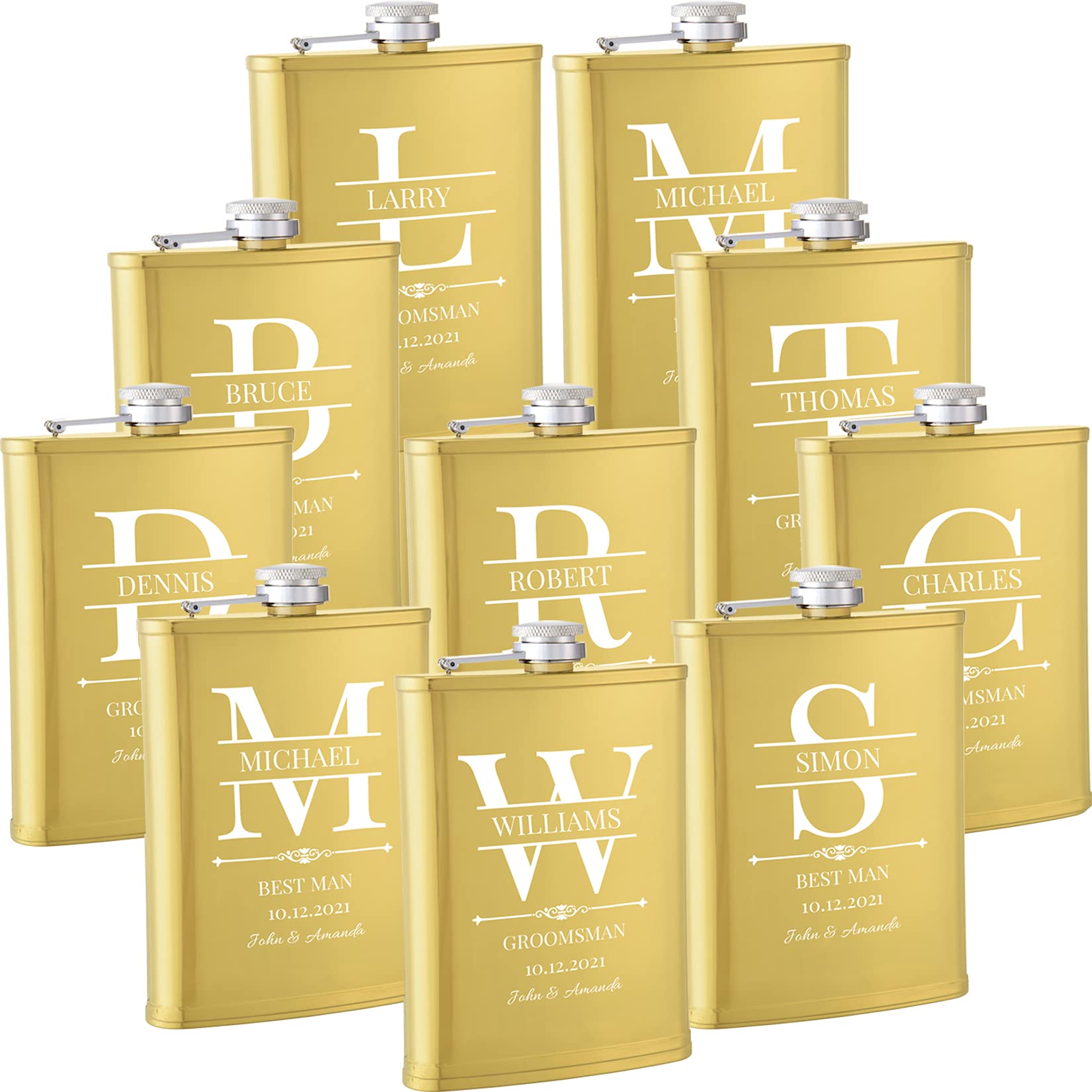 Personalized Stainless Steel Groomsmen Flask Set - 10 Pack Custom Engraved 304 Whiskey Flasks for Wedding Party Gifts (Best Man, Father of Bride, Groom) - Gold Finish - Perfect for Bachelor Parties, Weddings & Anniversary Gifts