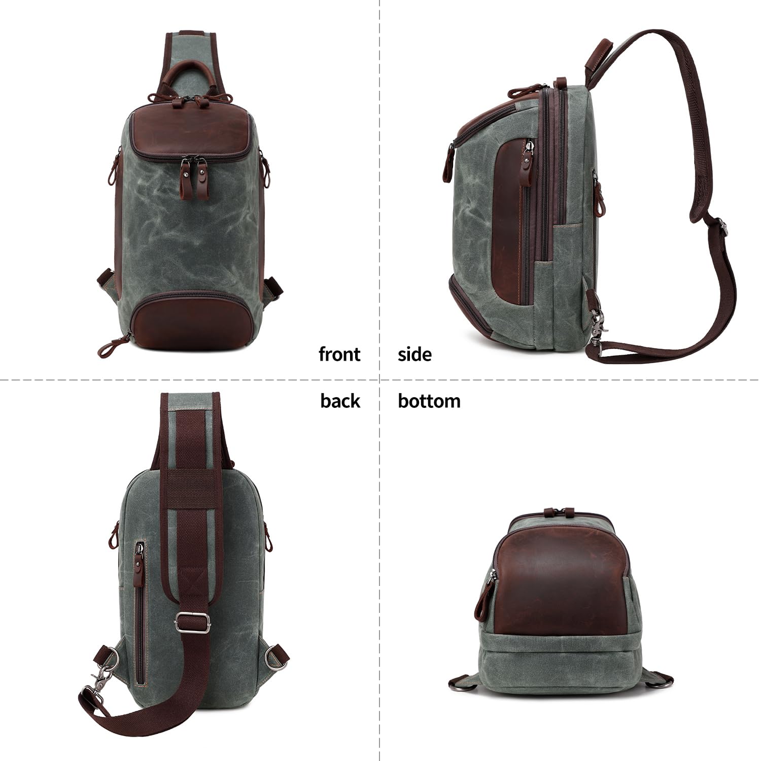 Men's Waxed Canvas & Leather Crossbody Sling Bag - Military Green Chest Shoulder Backpack for Travel, Hiking & Everyday Use