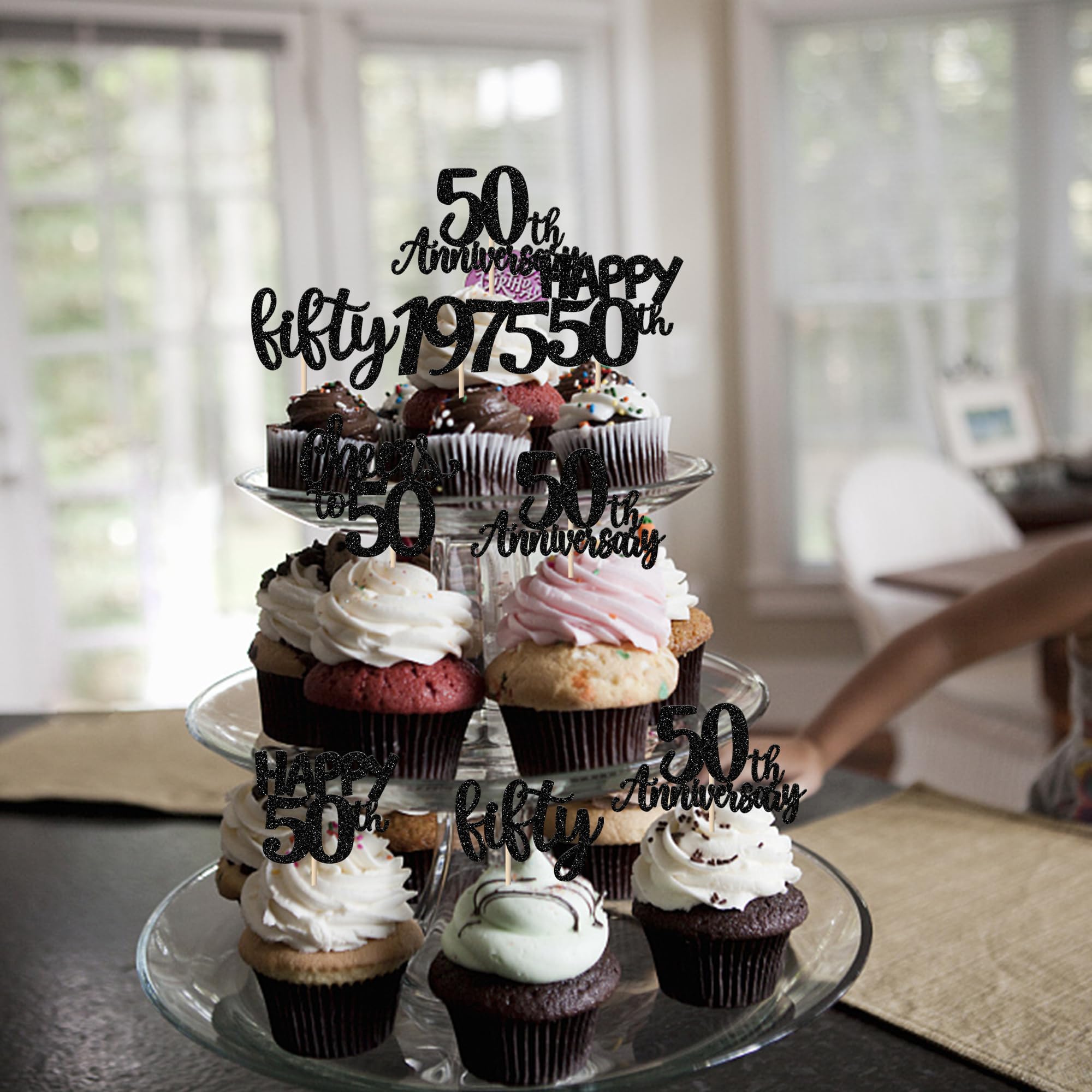 30 Pack Happy 50th Birthday Cupcake Toppers - Glitter 'Fifty Since 1975' Cake Decorations for 50th Anniversary Party Supplies (Black) - Perfect for Milestone Celebrations & Retirement Parties