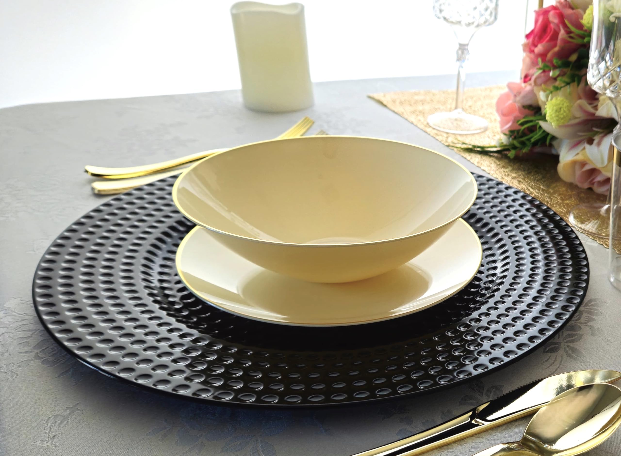 40-Piece 13-Inch Round Acrylic Charger Plates for Weddings & Dinner Parties - Hammered Black Finish - Elegant Table Decor for Formal Events, Banquets, and Holiday Gatherings