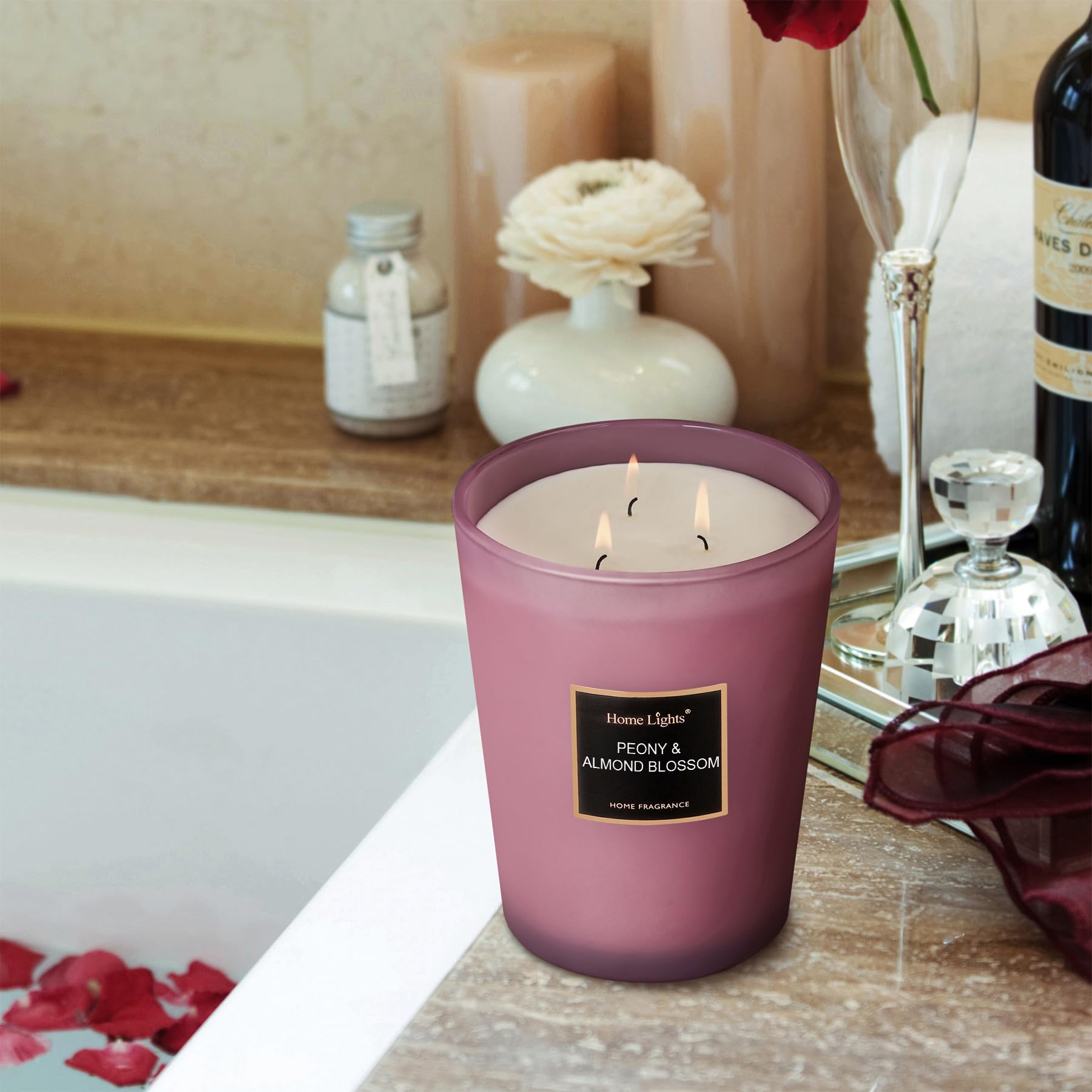 HomeLights Scented Candles - Large Jar Aromatherapy Candles with Natural Soy Wax, 130 Hours Long Burning, Peony & Almond Blossom Fragrance | Perfect for Relaxation, Meditation, Home Decor & Gift Giving