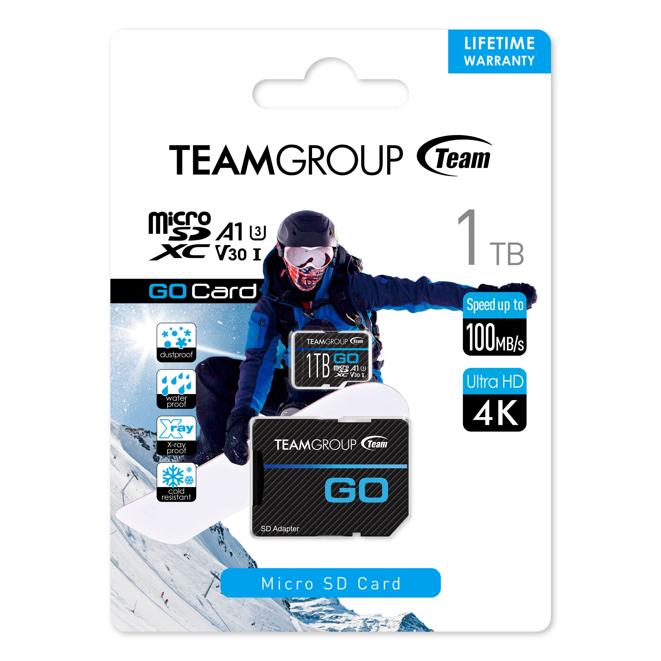 1TB Micro SDXC UHS-I U3 V30 Memory Card - High Speed 4K Video Recording for GoPro, Drone, Action Camera, Nintendo Switch - Waterproof, Shockproof for Outdoor Sports & Adventure Photography - Includes SD Adapter (TEAMGROUP GO Card TGUSDX1TU303)