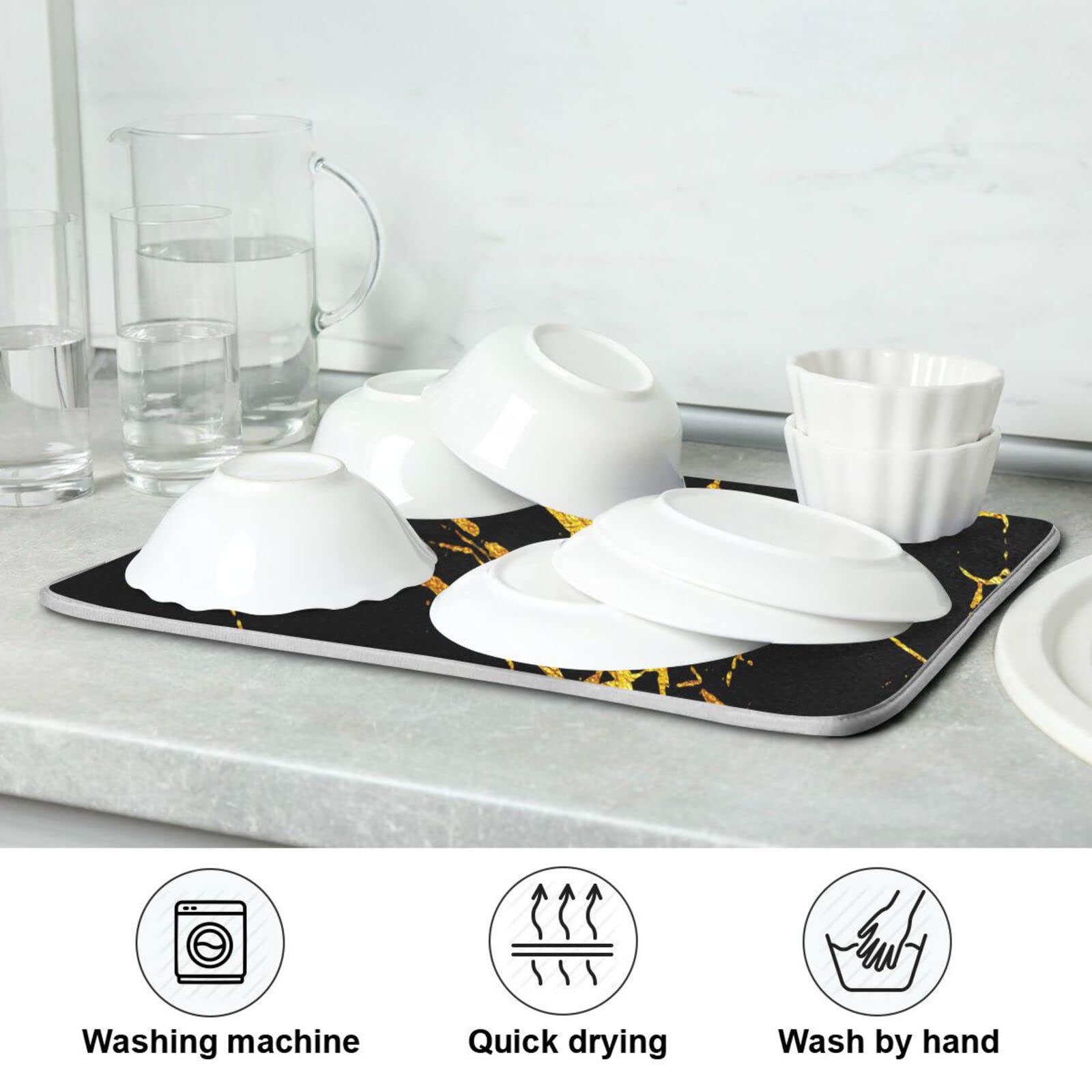 Marble Dish Drying Mat 18x24 Inch - Microfiber Kitchen Countertop Drainer for Dishes & Utensils