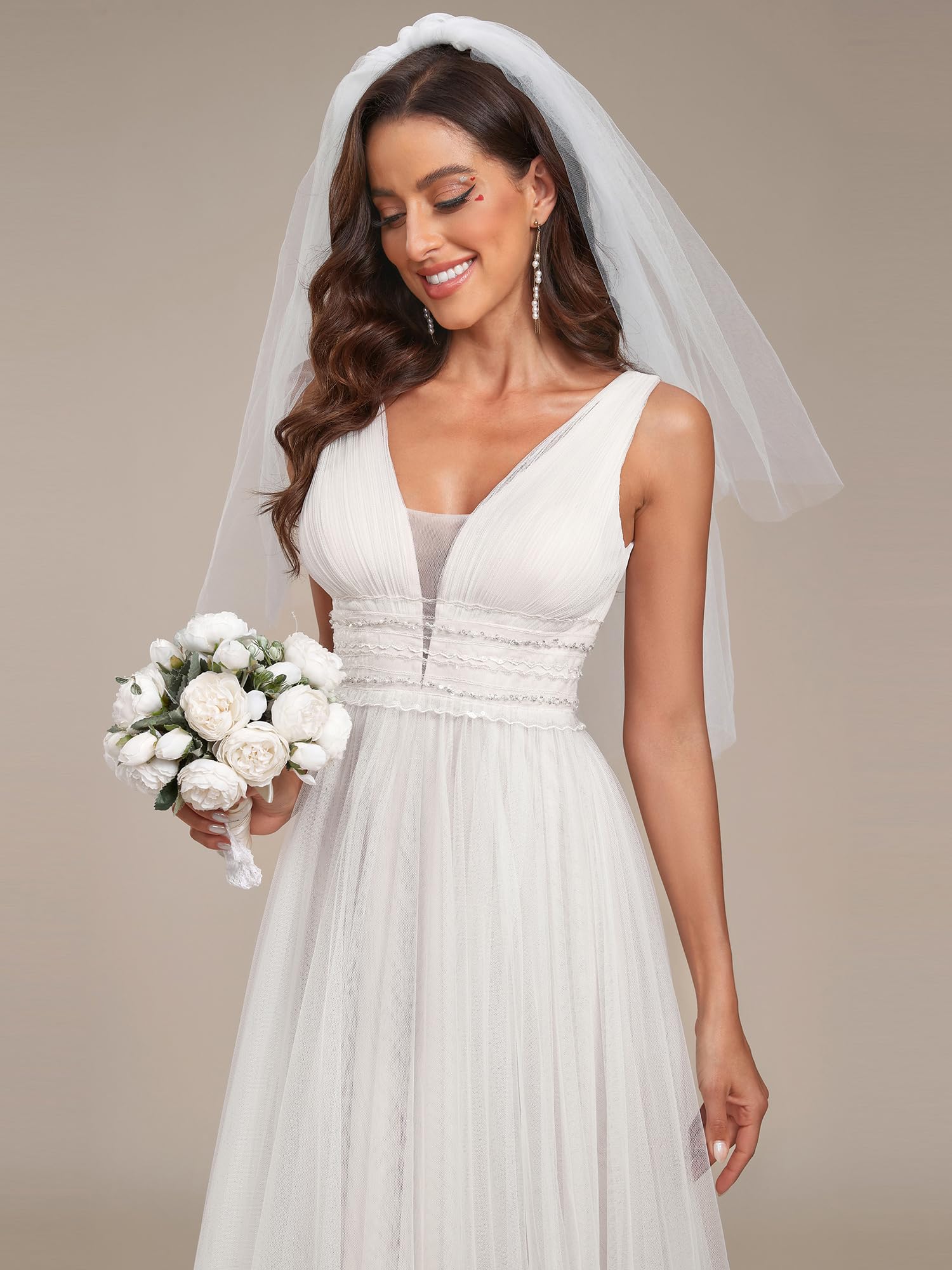 Ever-Pretty Elegant V-Neck Sleeveless Tulle Ruched A-Line Wedding Dress for Bride 0096A - Perfect for Beach Weddings, Garden Ceremonies & Casual Bridal Events