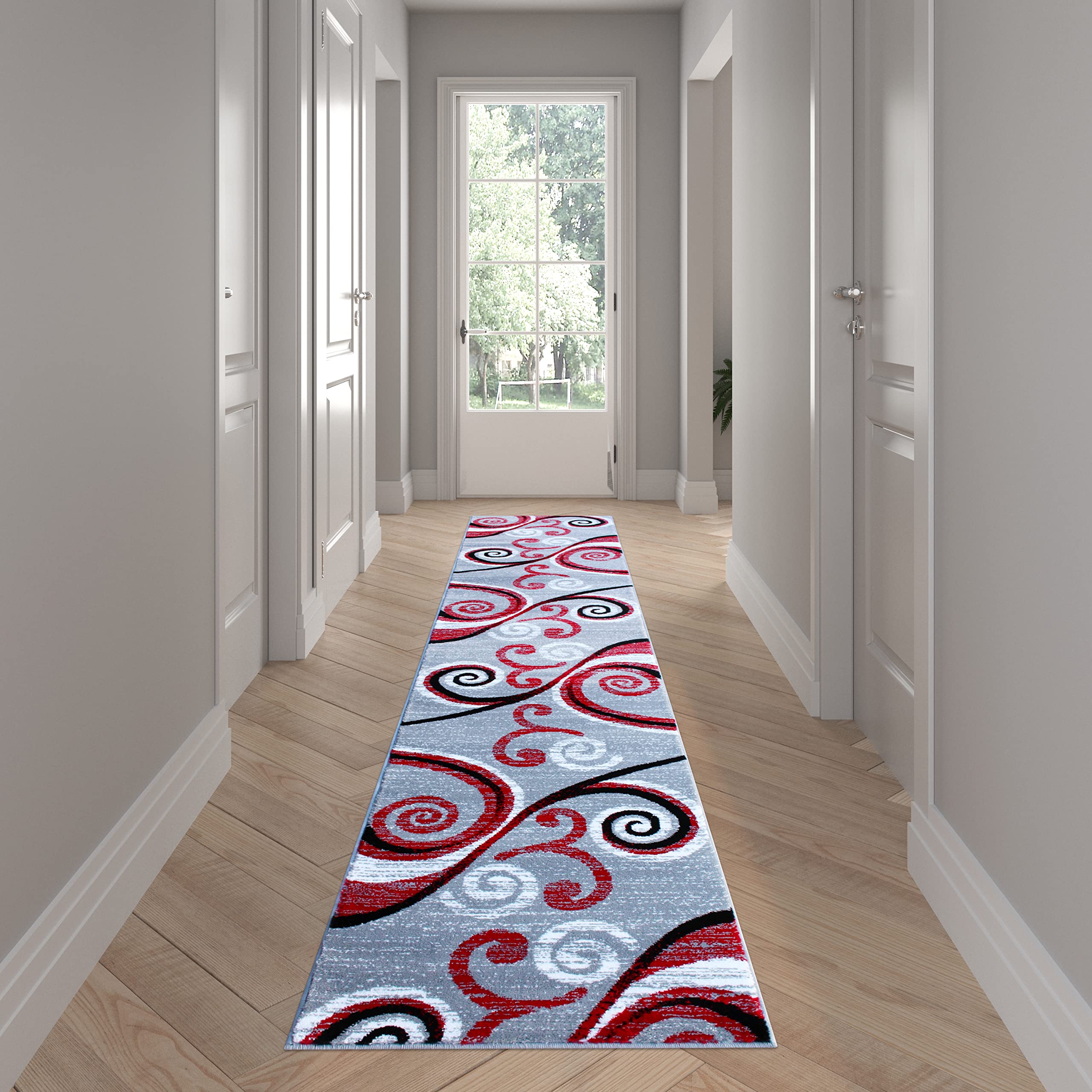 EMMA + OLIVER Olefin Accent Rug - Red Scraped Look Swirl Pattern 2x11 - Plush Pile Facing - Easy to Clean - Jute Backing - Moisture & Stain Resistant - Perfect for Living Room, Bedroom & Entryway Decor