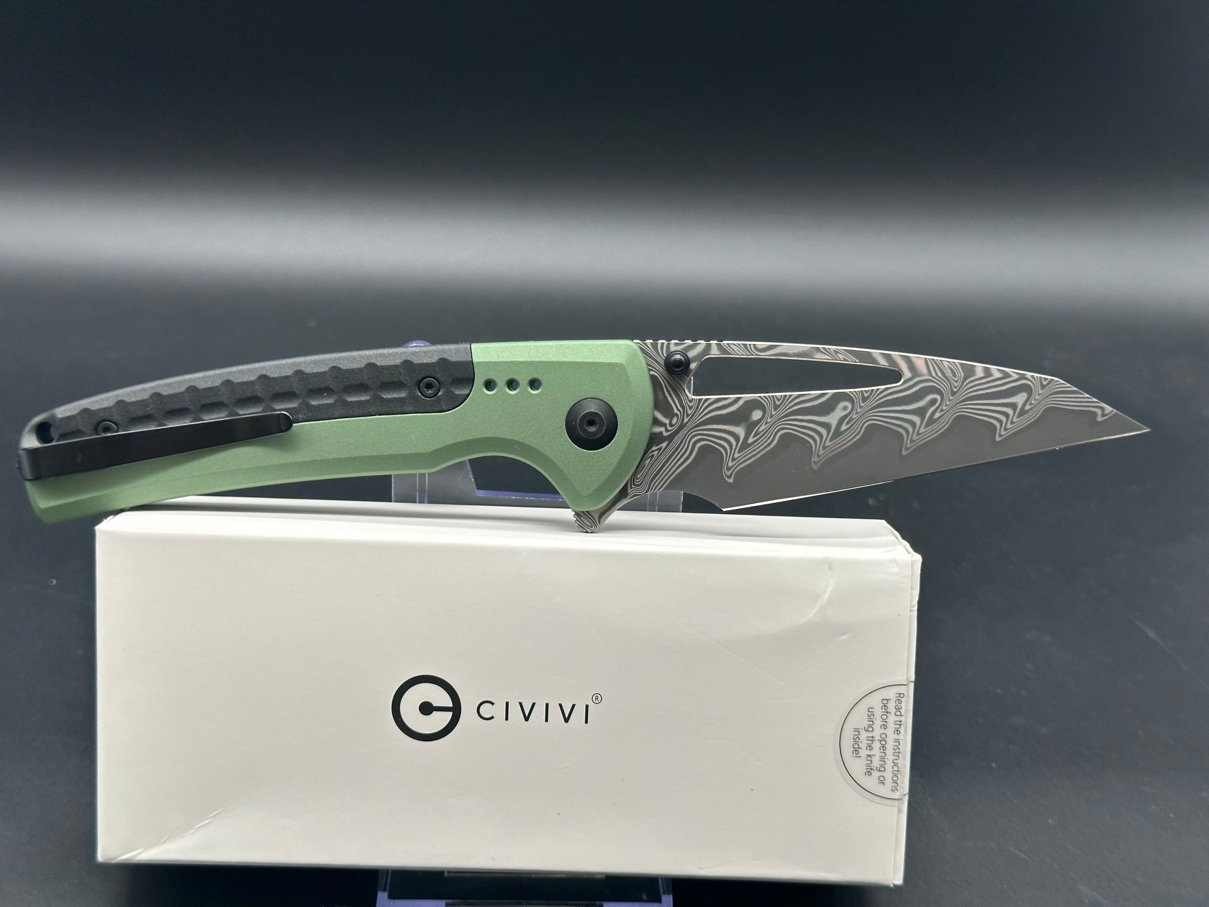 CIVIVI SENTINEL STRIKE Folding Knife - Green Aluminum Handle, Black Damascus Steel Blade, Reverse Tanto Design - Perfect for EDC, Outdoor Camping & Tactical Use
