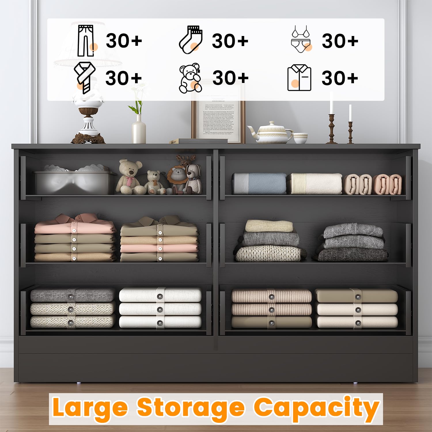 Bigbiglife 6-Drawer Wooden Dresser for Bedroom - Modern Double Dresser with Deep Storage Drawers, Large Chest of Drawers Organizer for Clothes, Bedding & Accessories - Perfect for Living Room, Closet or Nursery (Black, 15.8