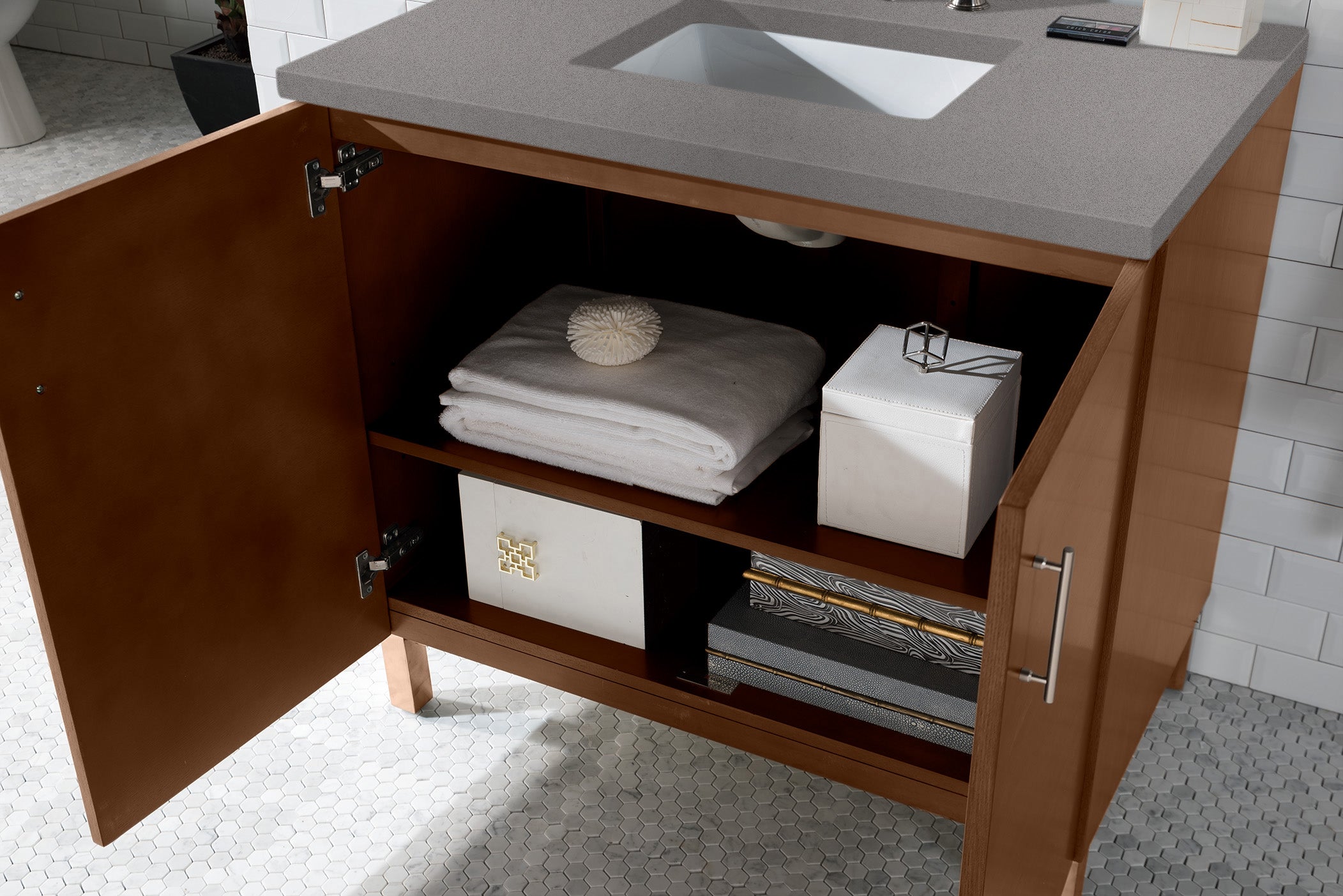 Metropolitan 36 Inch Single Bathroom Vanity with American Walnut Finish & 3CM Gray Expo Quartz Countertop - Perfect for Modern Home Bathroom Remodeling