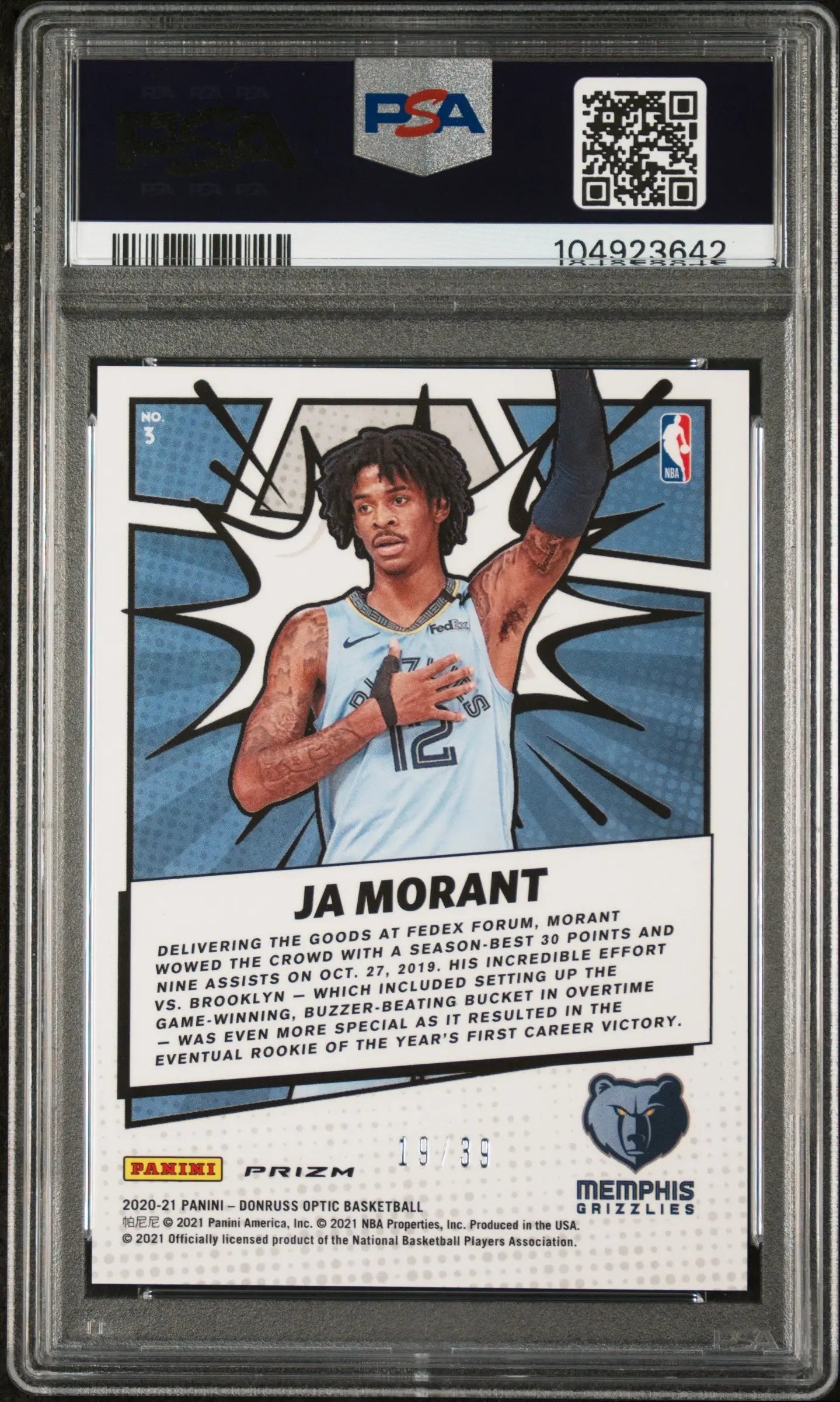2020 Panini Donruss Optic My House! Ja Morant Orange PSA 10 /39 - Rare Basketball Trading Card for Collectors & Investors - Perfect for Display, Gifts, and Sports Memorabilia Collections