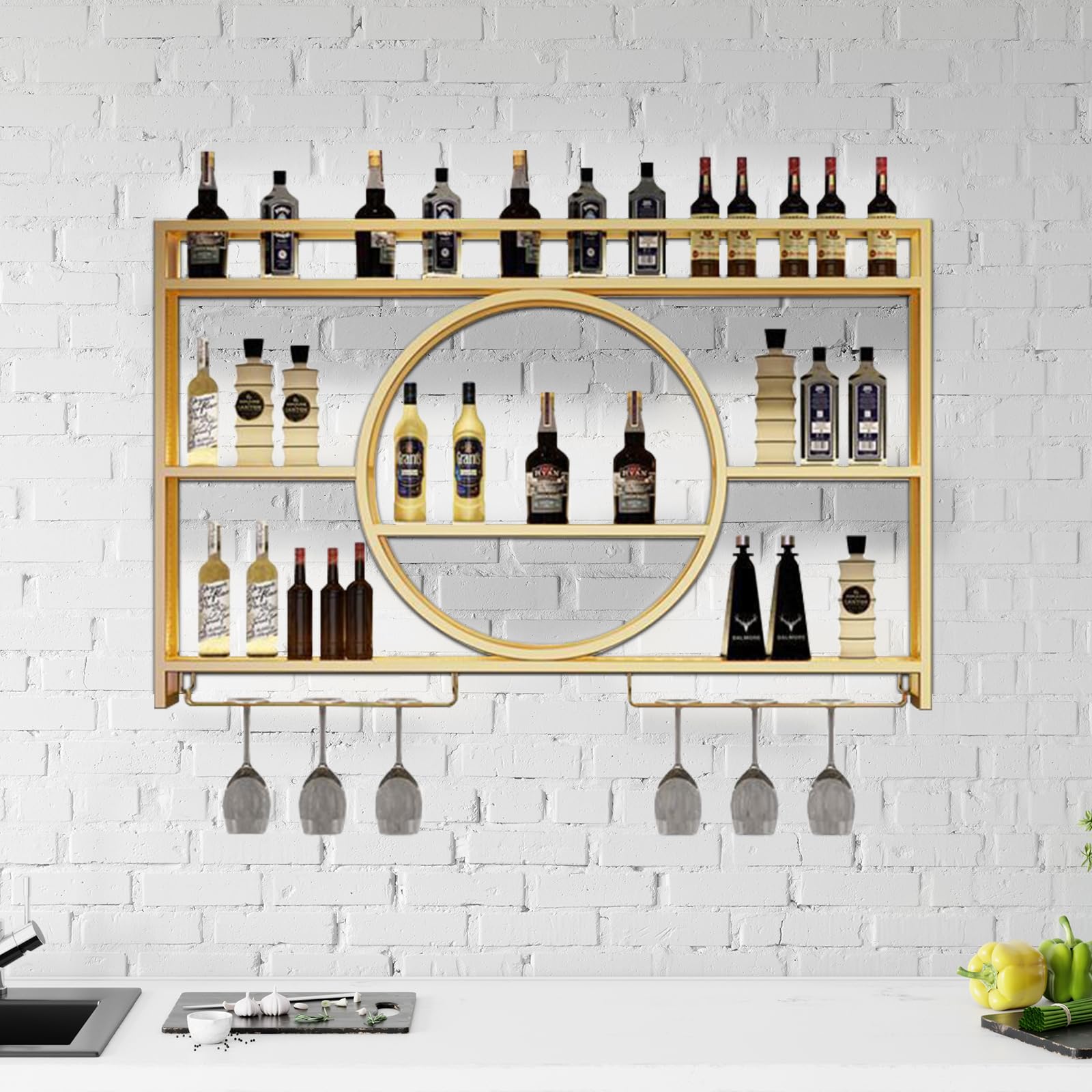 Wall Mounted Metal Wine Rack - Gold Floating Wine Bottle Holder for Bar, Home & Restaurant - 39.4