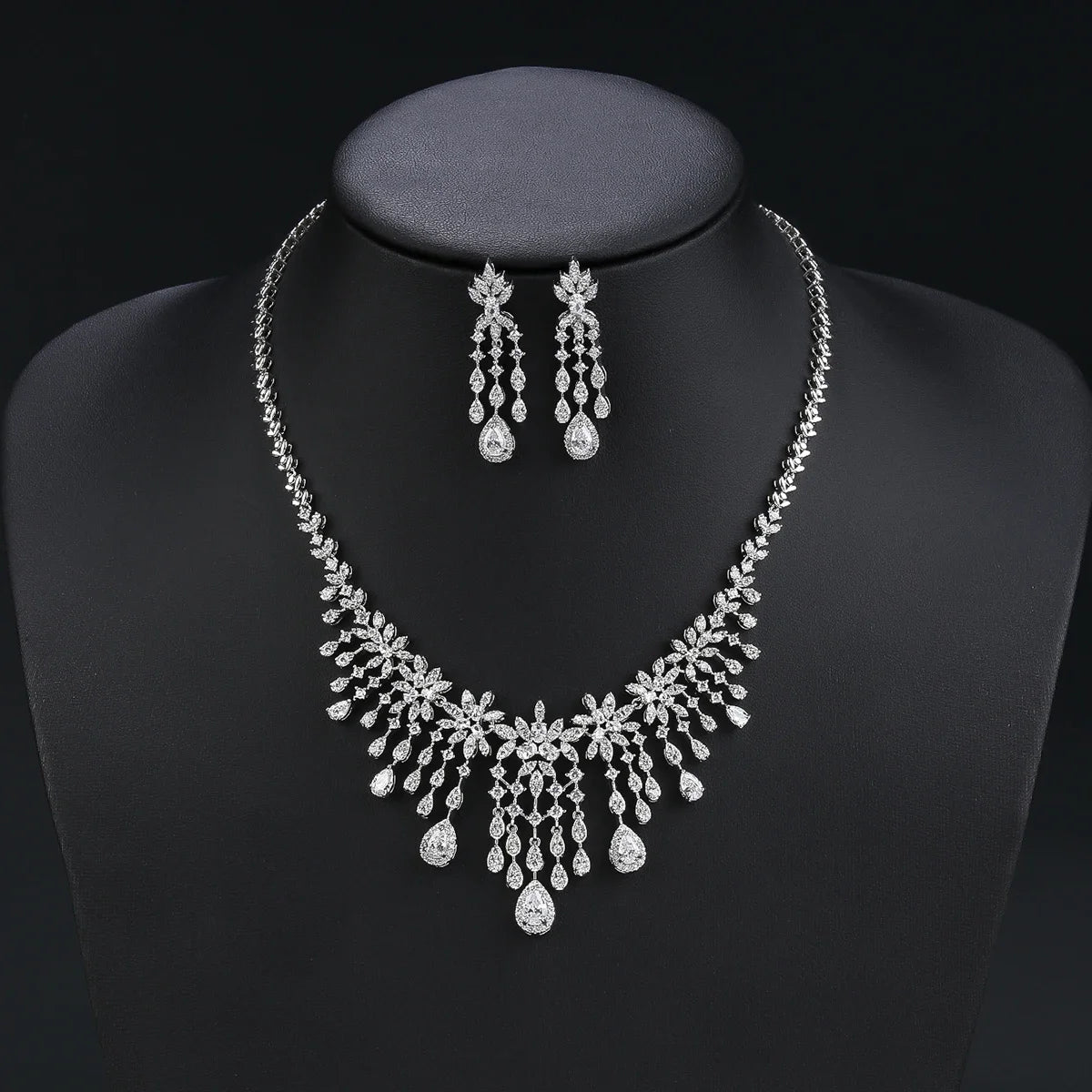 Cubic Zirconia Droplet Flower Tassel Necklace & Earrings 2-Piece Set - Elegant Bridal Jewelry for Women, Wedding & Party Accessories - Perfect for Bridal Showers, Prom & Special Occasions