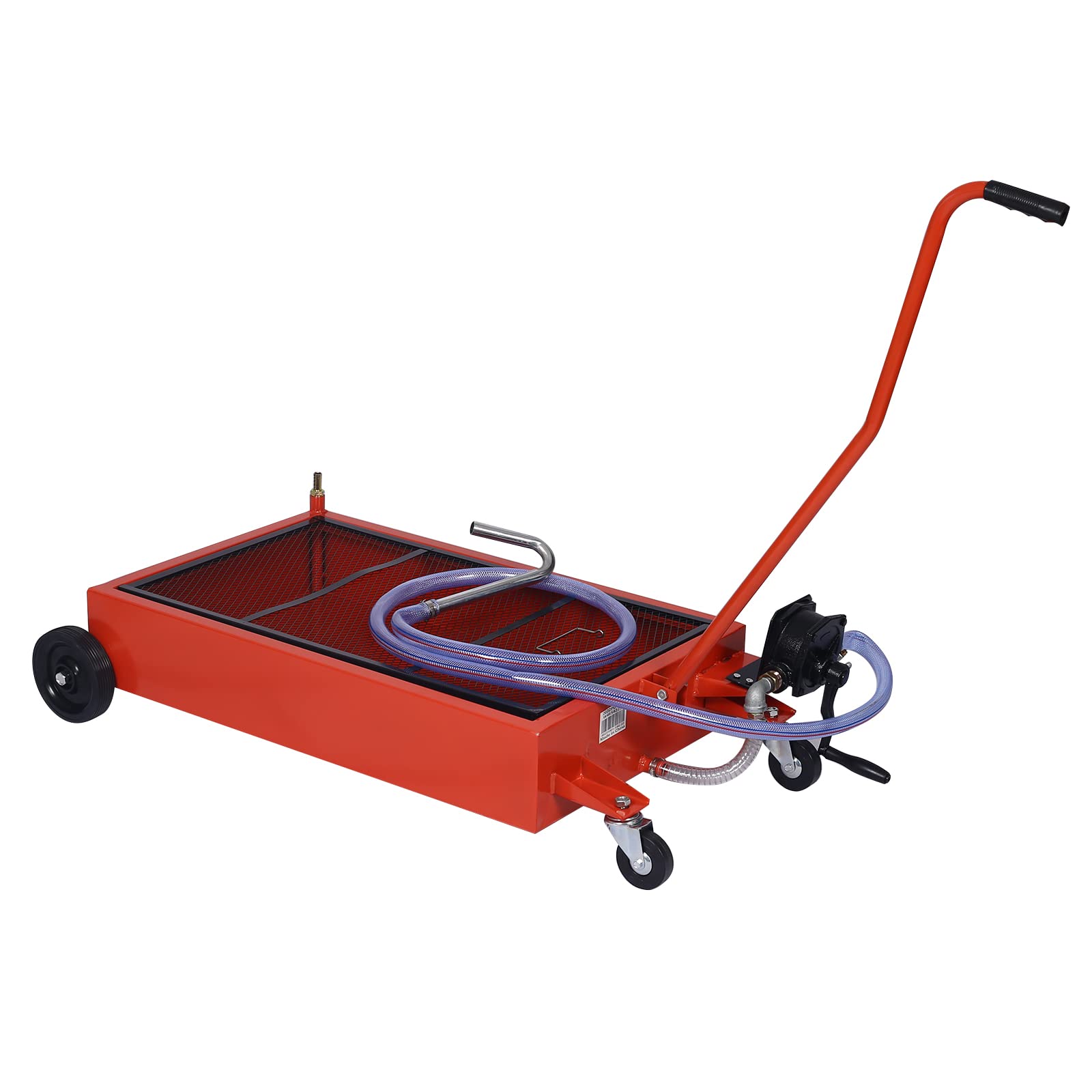 17 Gallon Oil Drain Pan with Hand Pump - Portable Low Profile Oil Change Tank for Cars, SUVs & Trucks - Large Capacity Oil Drain Pan with Hose & Swivel Caster Wheels - Perfect for DIY Auto Maintenance & Garage Oil Changes (Red)