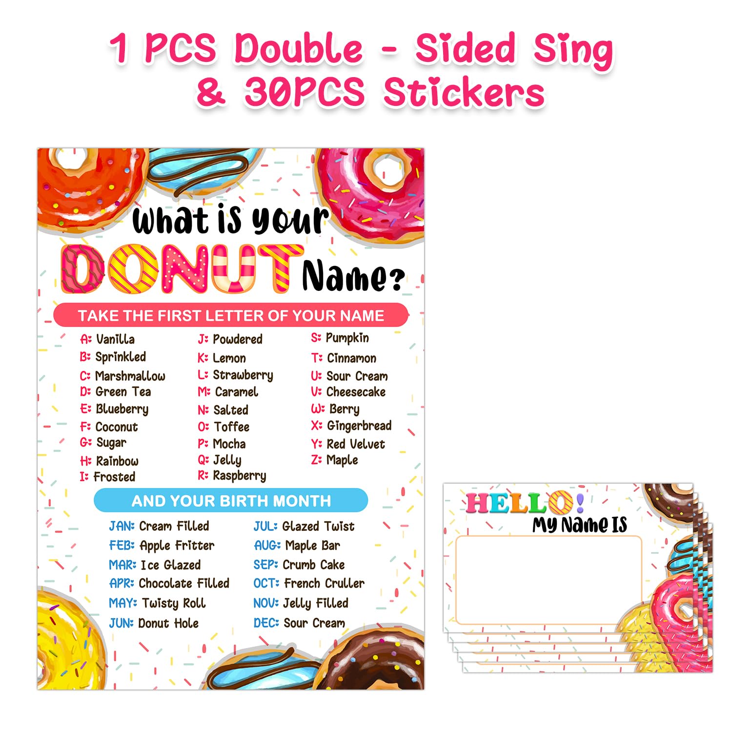 What is Your Donut Name Game - Fun Party Activity Set with 30 Cards & Sign for Birthdays, Weddings, Anniversaries | Perfect for Girls' Parties, Kids Activities & Holiday Celebrations
