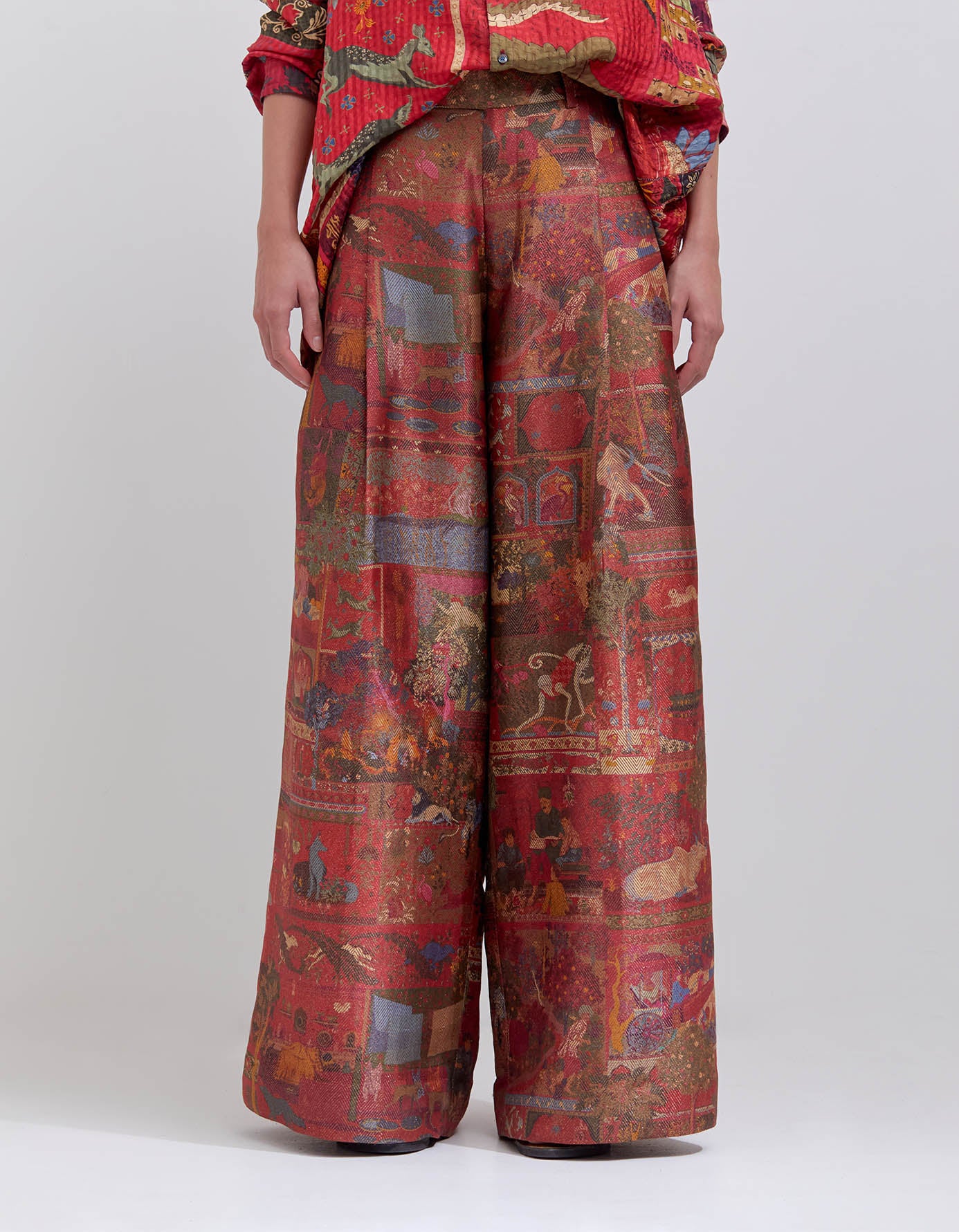 Elegant Silk Brocade Palazzo Pants with Zig Zag Crimson Pattern - Perfect for Women's Boho Chic Outfits, Evening Parties and Special Occasions