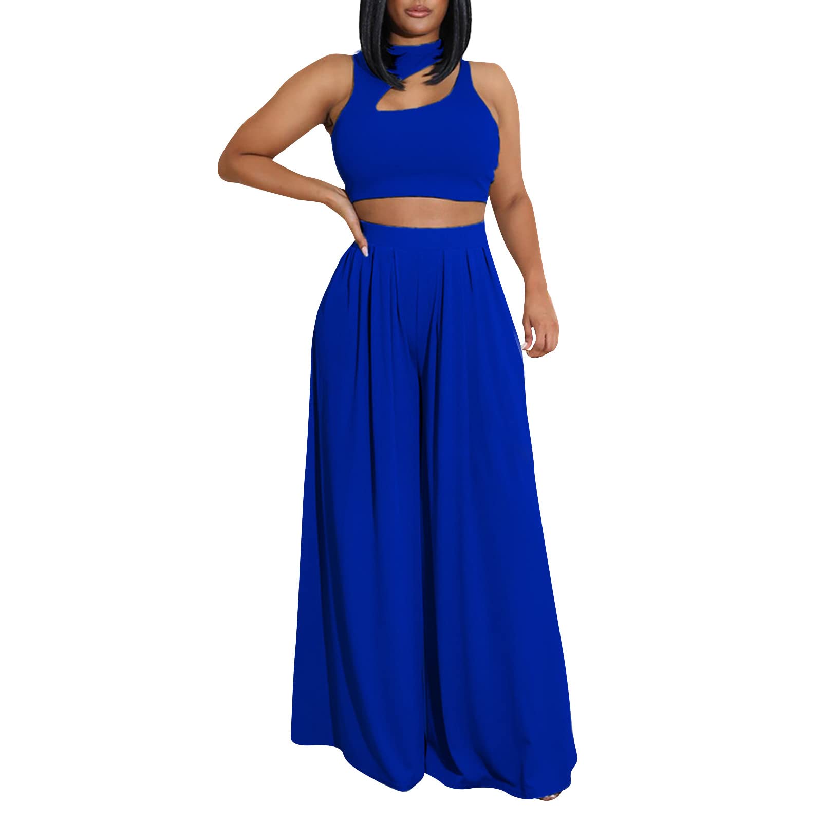 Women's White Sweater Dress & Wide Leg Pants Set - 2 Piece Mock Neck Sleeveless Cutout Summer Outfit - Blue Silk Pajama Style Tracksuit for Casual Wear, Lounge & Fashion (Size S) | Perfect for Spring/Summer, Beach Cover-ups, Date Nights & Relaxing at Home