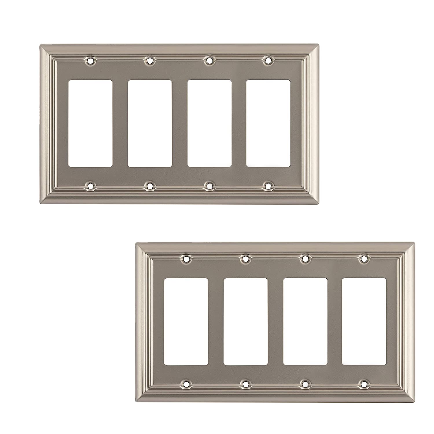 SLEEKLIGHTING Brushed Nickel Outlet Covers & Switch Plates - Decorative Wall Plate Light Switch Cover Beveled Edge - 4 Gang Decorator Size (2 Pack) - Perfect for Home, Office & Hotel Renovation