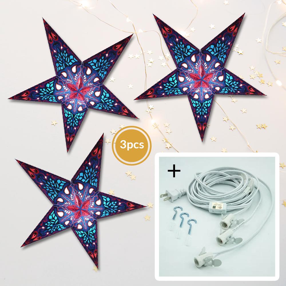 3 Pack Blue Crown 24 Inch LED Illuminated Paper Star Lanterns - Battery Operated Hanging Decor for Bedroom, Party, Wedding & Outdoor Lighting