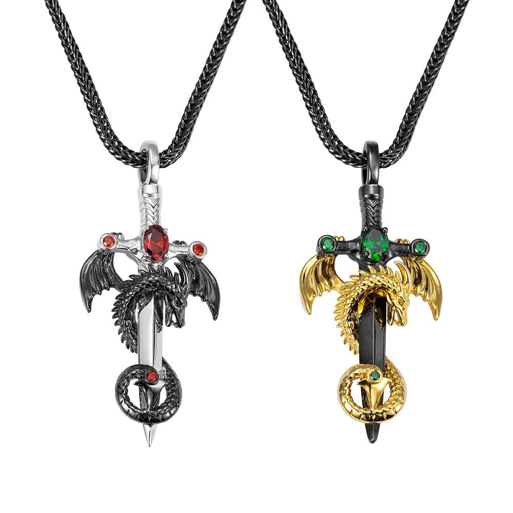 Dragon Sword Necklace with Cross | Personalized Birthstone Dragon Pendant for Men | Black Gold Wing Dragon Necklace Gift for Dad | Father's Day, Christmas, Birthday Gift for Him | Perfect for Cosplay, Fantasy Lovers & Medieval Enthusiasts