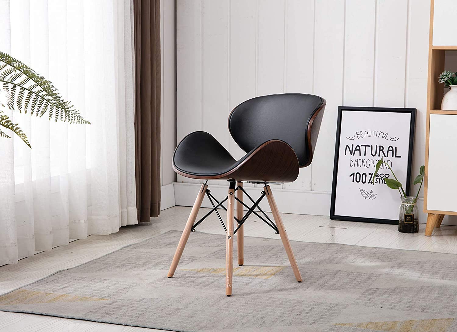 Vanity Art Mid Century Modern Dining Chair - Synthetic Leather Upholstery, Walnut Accent, Curved Back Design - Perfect for Kitchen, Dining Room & Living Room - Comfortable Seating for Home Decor & Entertaining (UC-9B)