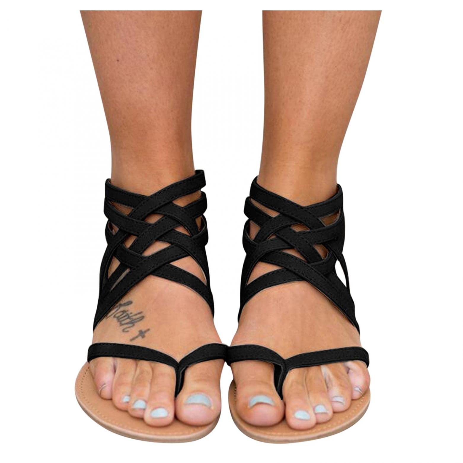 Women's Comfortable Lace Up Strappy Flat Sandals - Fashionable Bling Beach Sandals for Casual Wear, Summer Outfits & Vacation Essentials