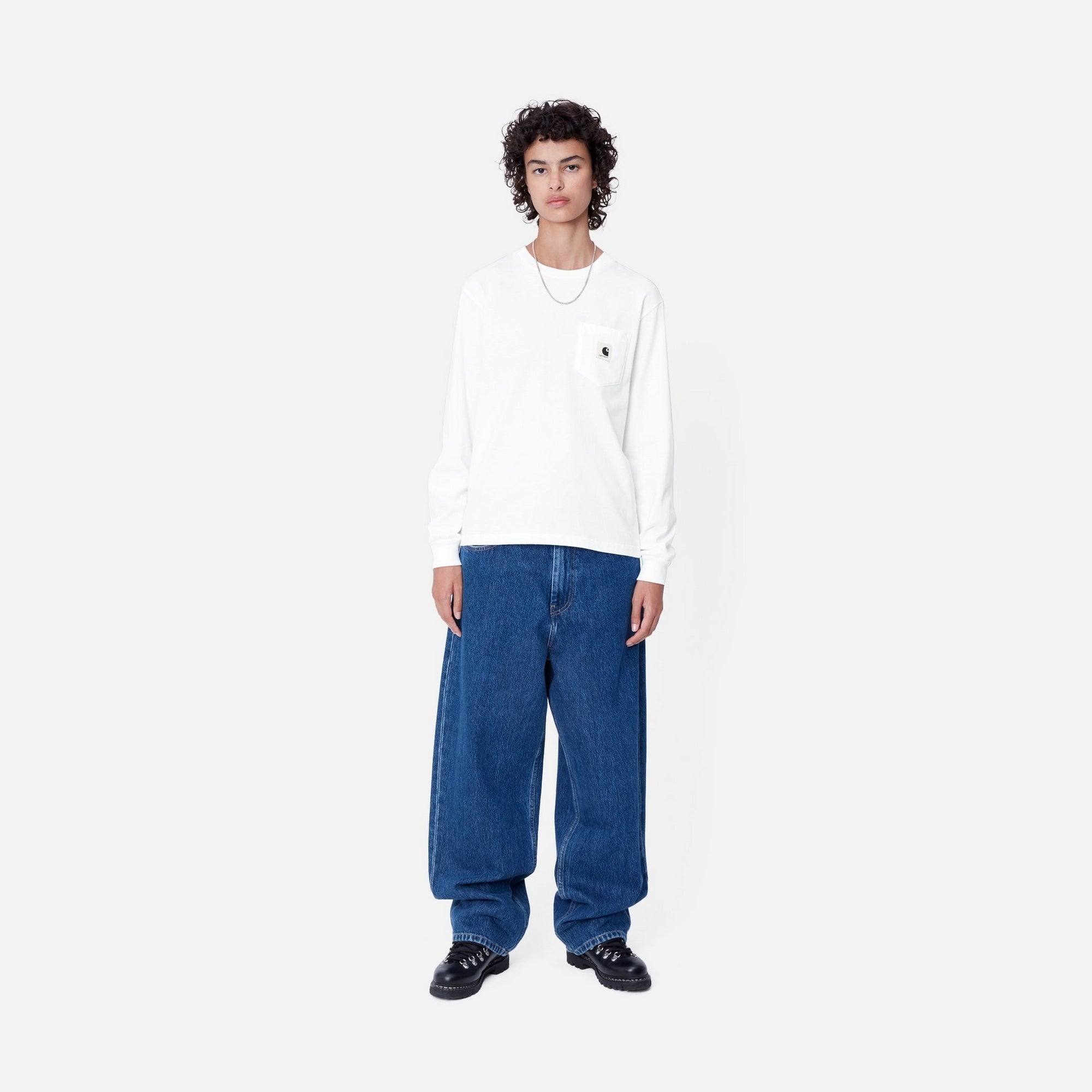 Women's Long Sleeve Pocket T-Shirt - Soft Cotton Casual Top for Everyday Wear | White | Perfect for Work, Weekend & Layering