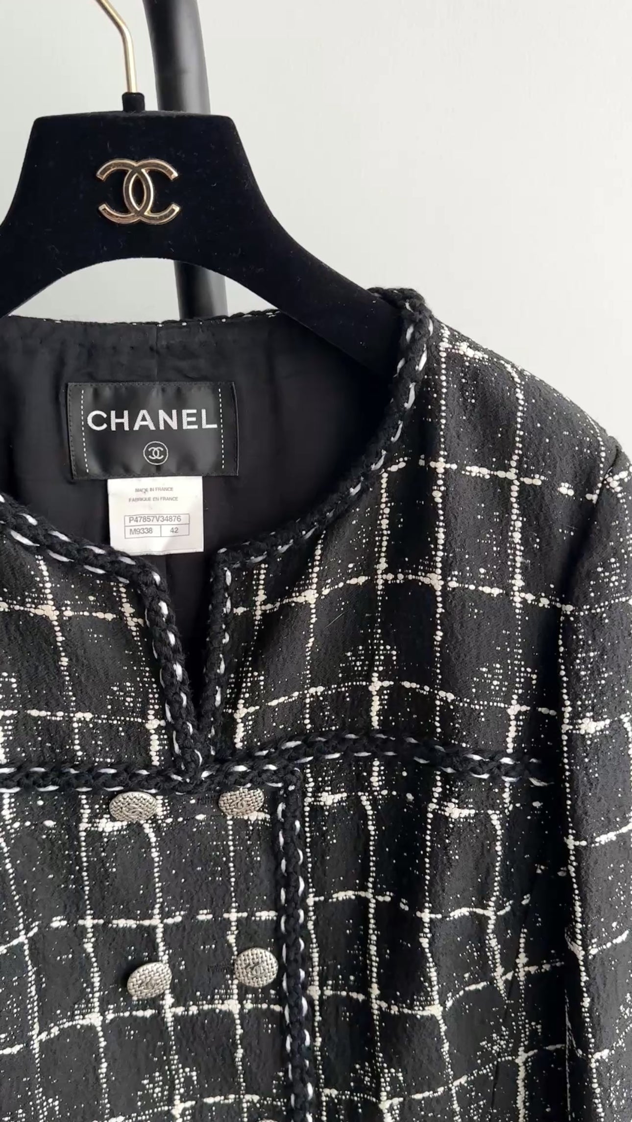 Chanel 14P Black and White Checkered Button Front Jacket Size FR42 - Perfect for Office Wear and Evening Outfits