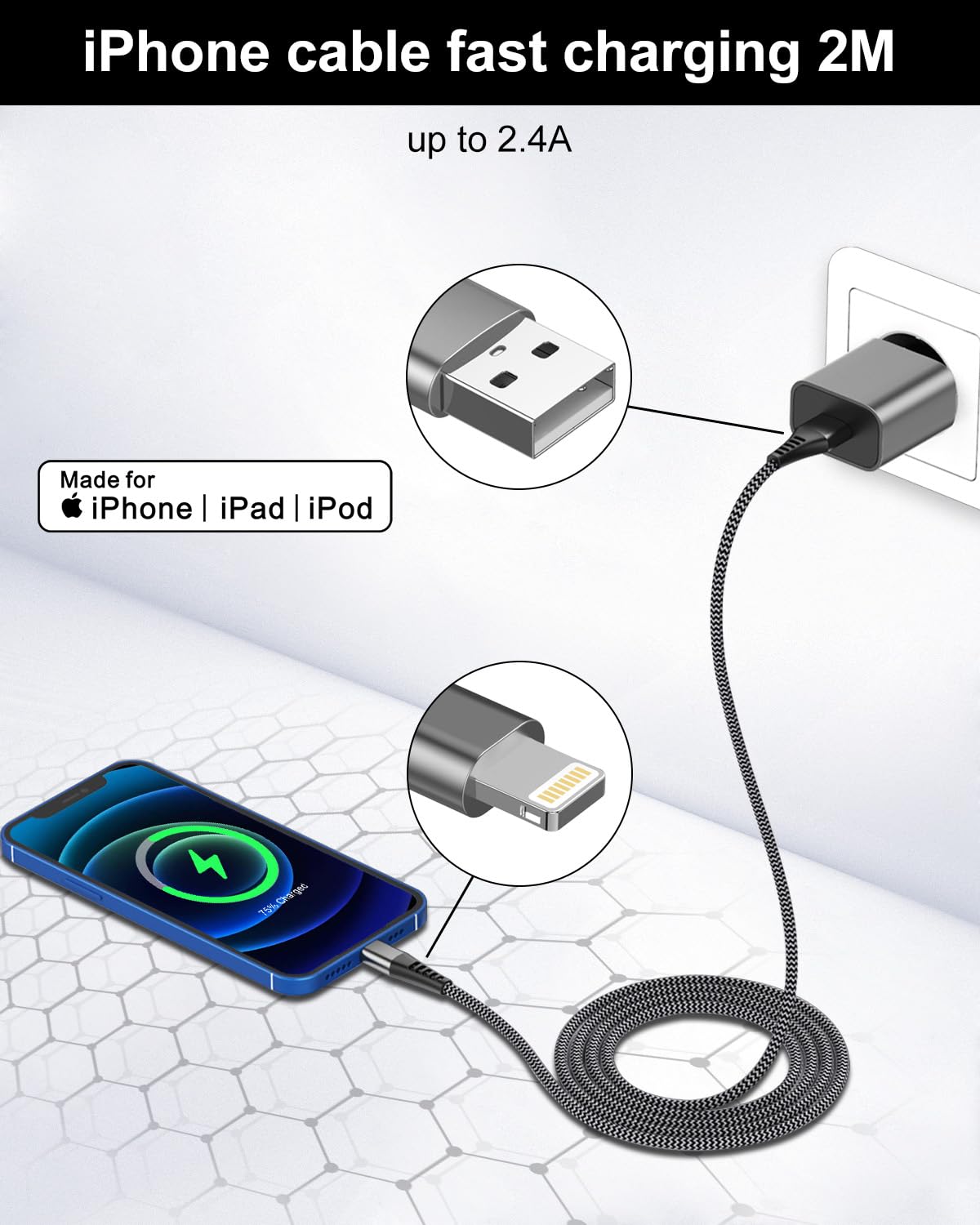Apple MFi Certified iPhone Charger Cable 2M 3Pack - Fast Charging Lightning Cable USB to Lightning Cord for iPhone 14/13/12/11 Pro Max/X/XS/8/7 & iPad - Perfect for Home, Office & Travel Charging Needs