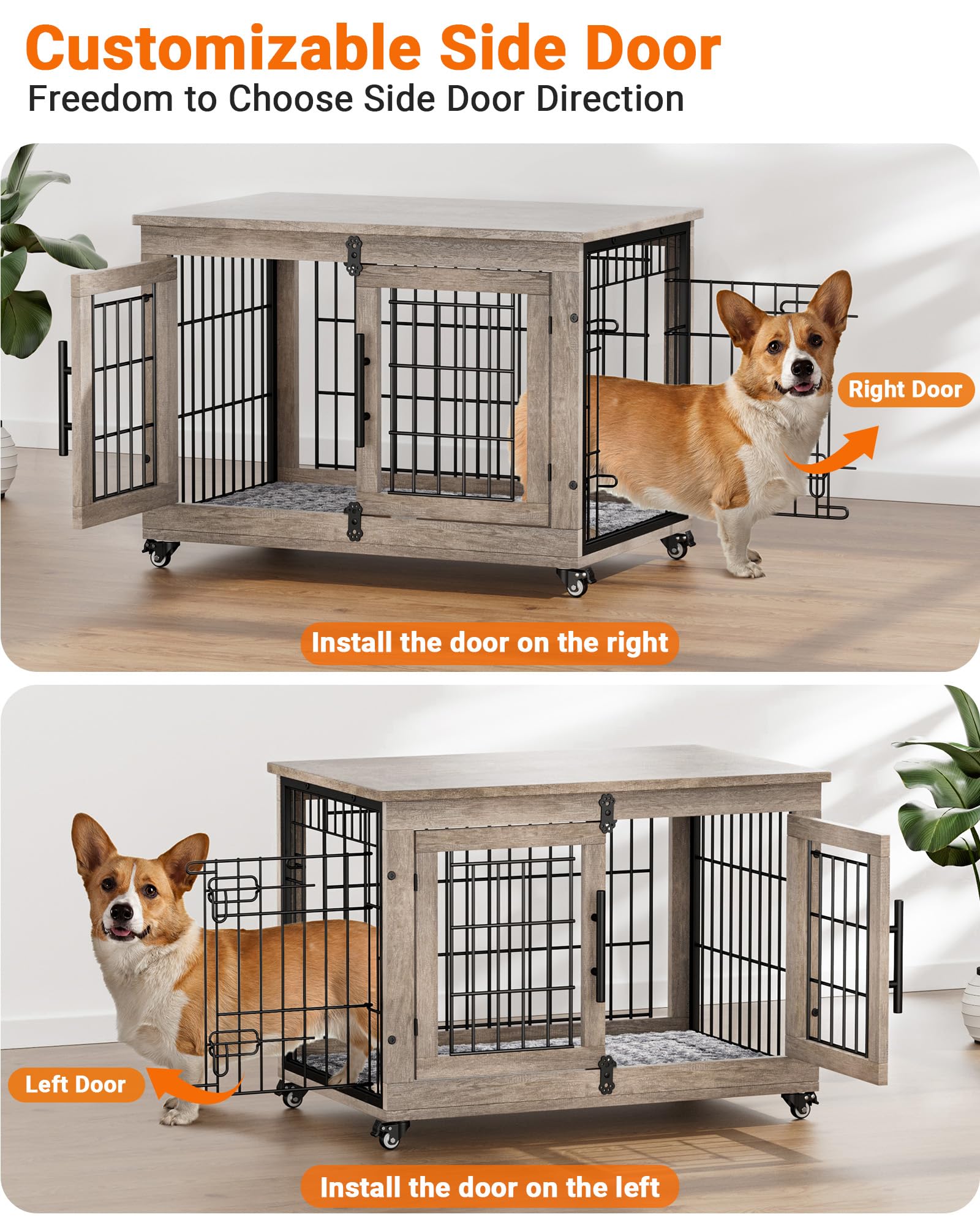 **Heavy Duty Wooden Dog Crate Furniture with Cushion – Double Door Dog Kennel & End Table with Wheels – Indoor Dog House for Small & Medium Dogs up to 45 lbs (32.5” L, Grey) – Perfect for Living Room, Bedroom, or Office**