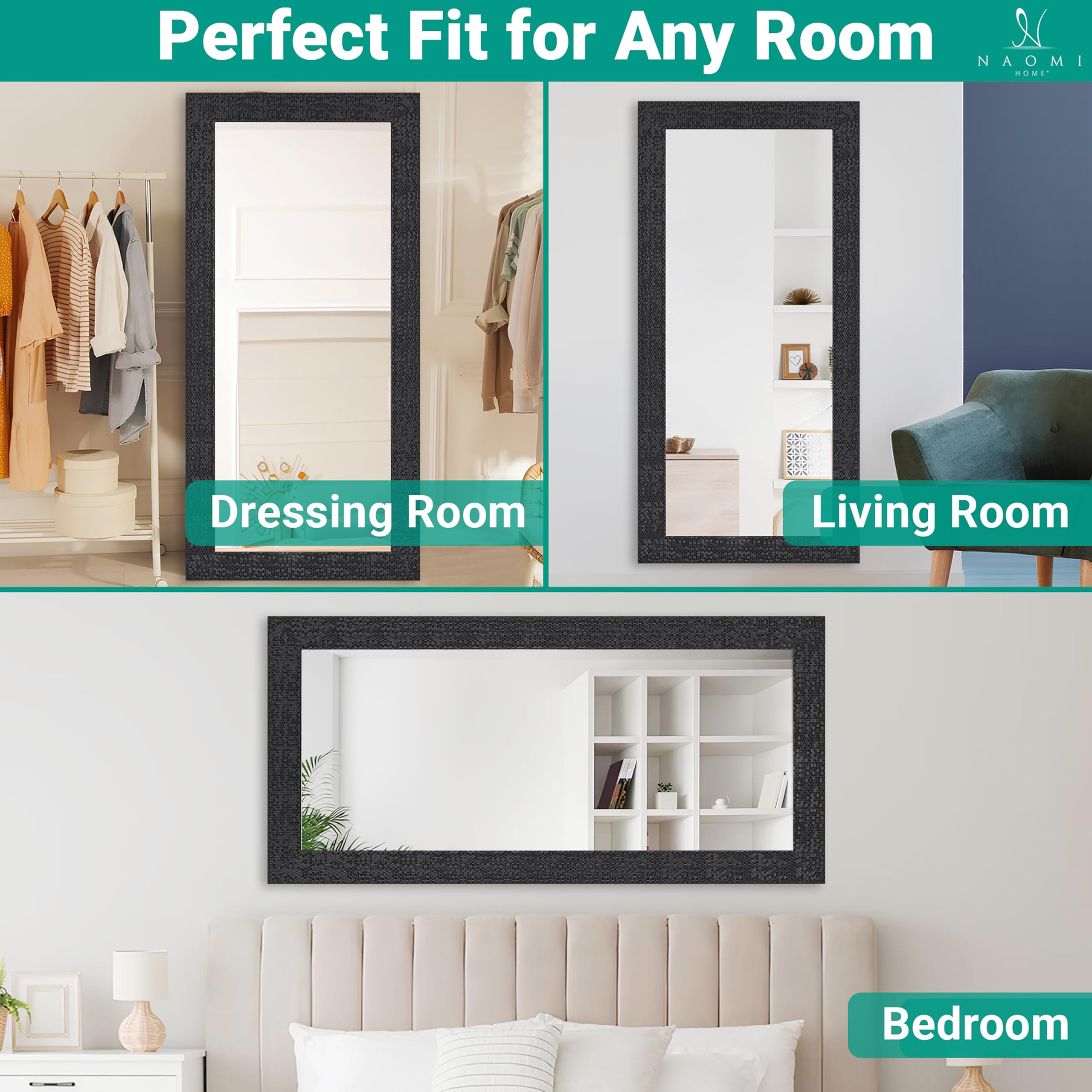 Naomi Home Mosaic Full Length Mirror - Large Black Wall or Floor Mirror for Bedroom, Living Room & Dressing Room Decor