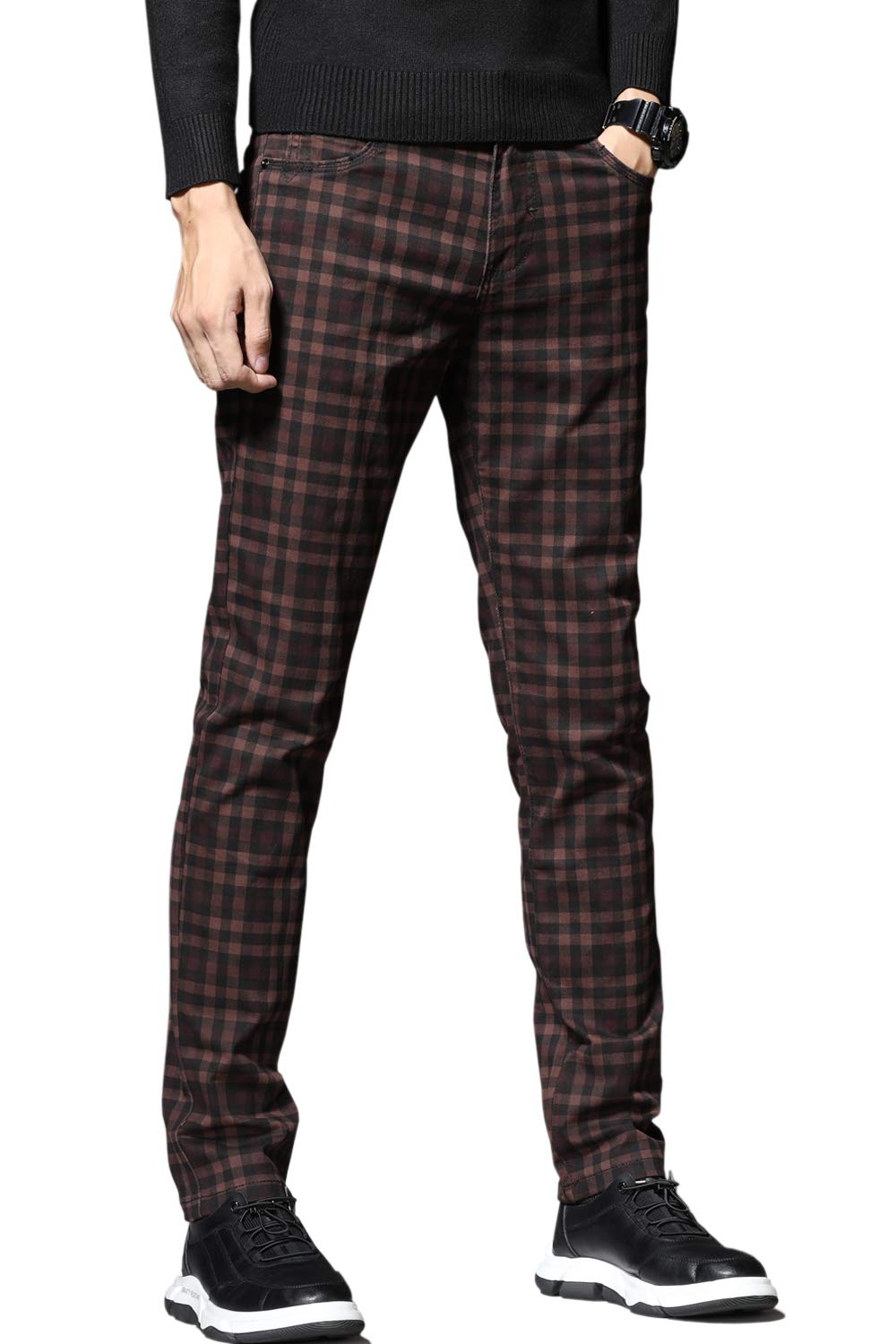 HENGAO Men's Straight Fit Plaid Chino Pants - Casual Office & Business Travel Trousers for Professional Style