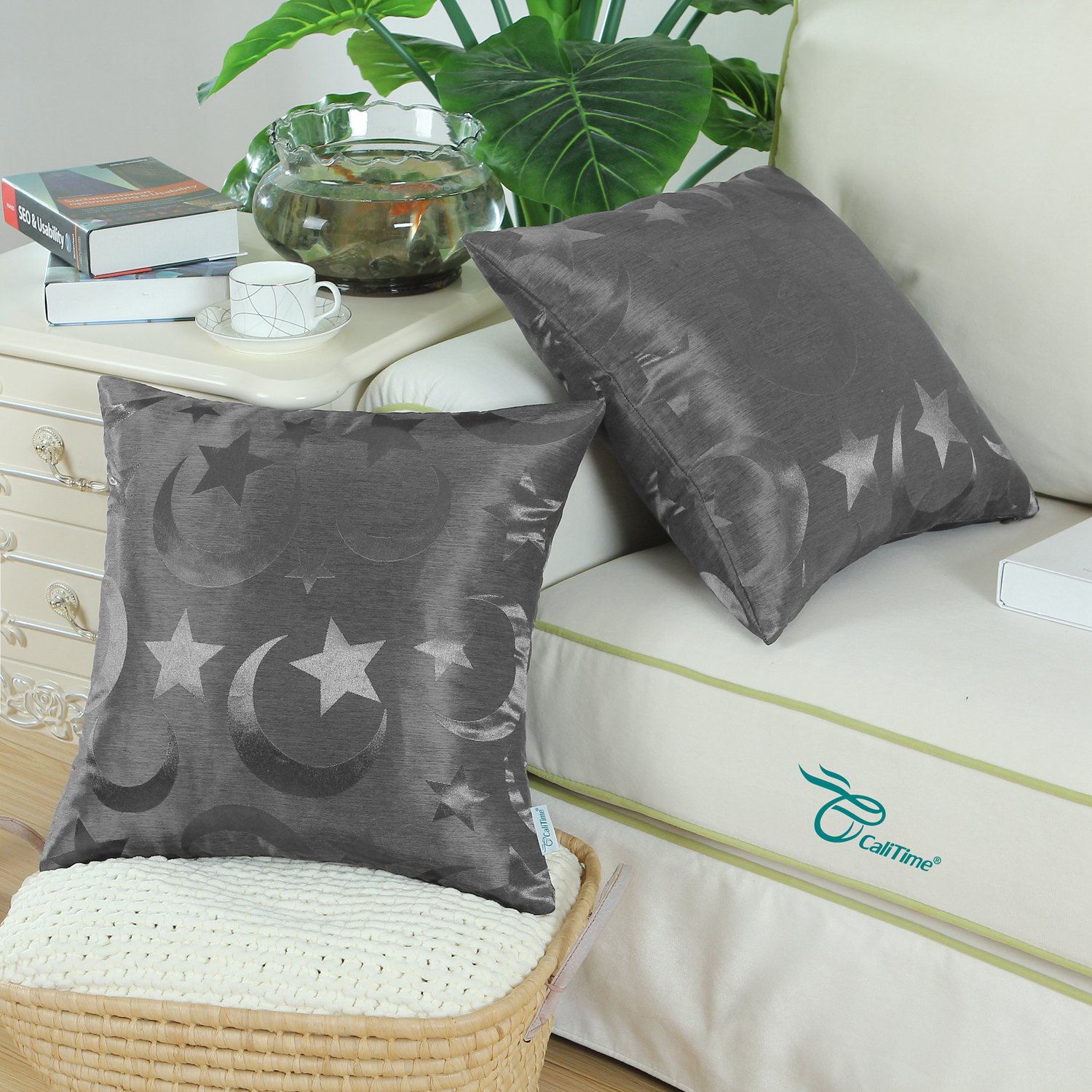 CaliTime 2 Pack Throw Pillow Covers 18x18 Inches - Modern Star & Moon Design with Shining & Dull Contrast for Couch, Sofa, Bedroom Decor - Perfect for Living Room, Nursery & Home Styling (Grey)