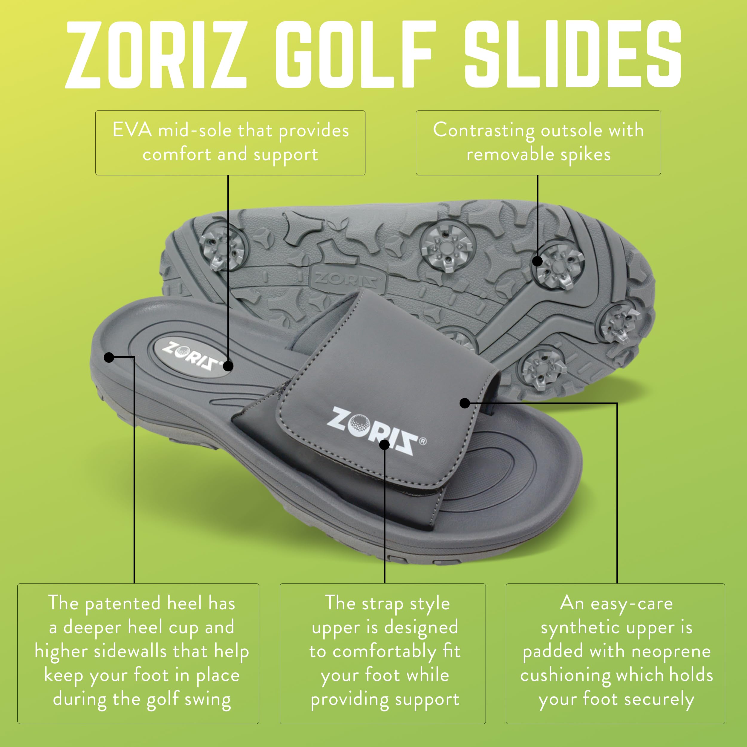 ZORIZ Golf Slides for Men & Women - Sports Slip-On Sandals with Removable Spikes, Comfortable Golf Footwear with Deep Heel Cup & High Sidewalls - Perfect for Golf Course, Driving Range & Casual Wear