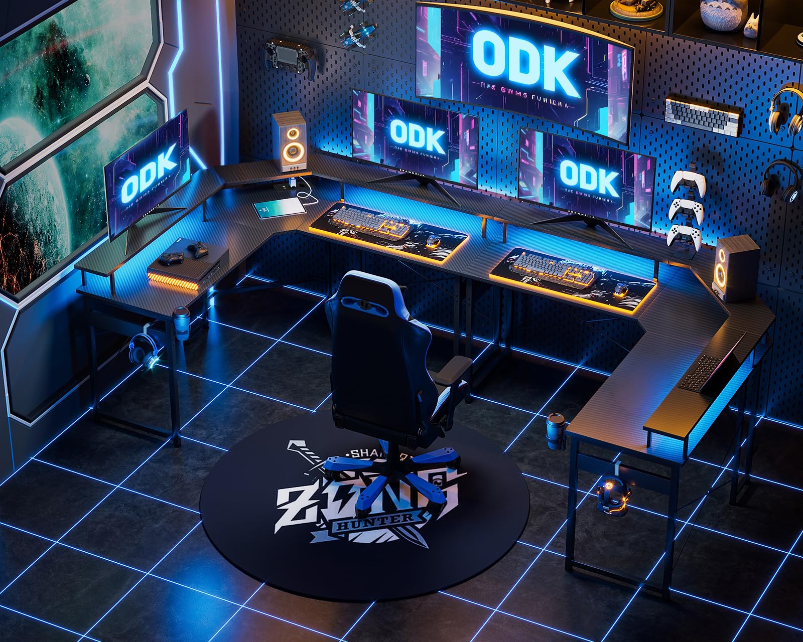ODK 129x129 cm Gaming Desk with LED Lights, PC Computer Desk with 2 Power Outlets & 2 USB Ports, Large Monitor Stand, Carbon Fiber Black - Perfect for Esports, Streaming & Home Office Setup