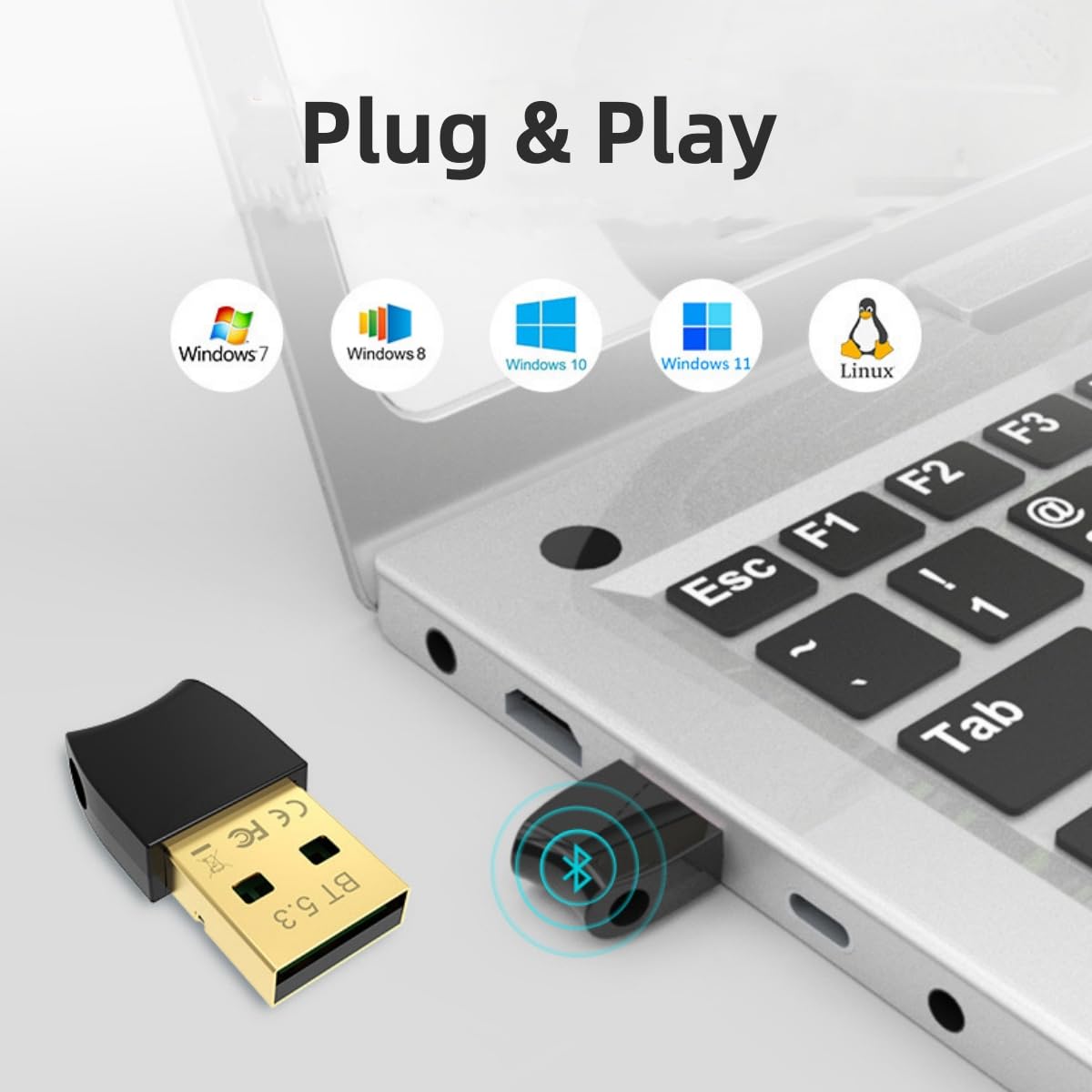 USB Bluetooth 5.3 Adapter for PC - Plug & Play Bluetooth Dongle for Windows 11/10/8.1, Bluetooth Transmitter & Receiver for Desktop, Laptop, Mouse, Keyboard, Headphones, Speakers, Printer - Wireless Audio Streaming & Device Connectivity Solution
