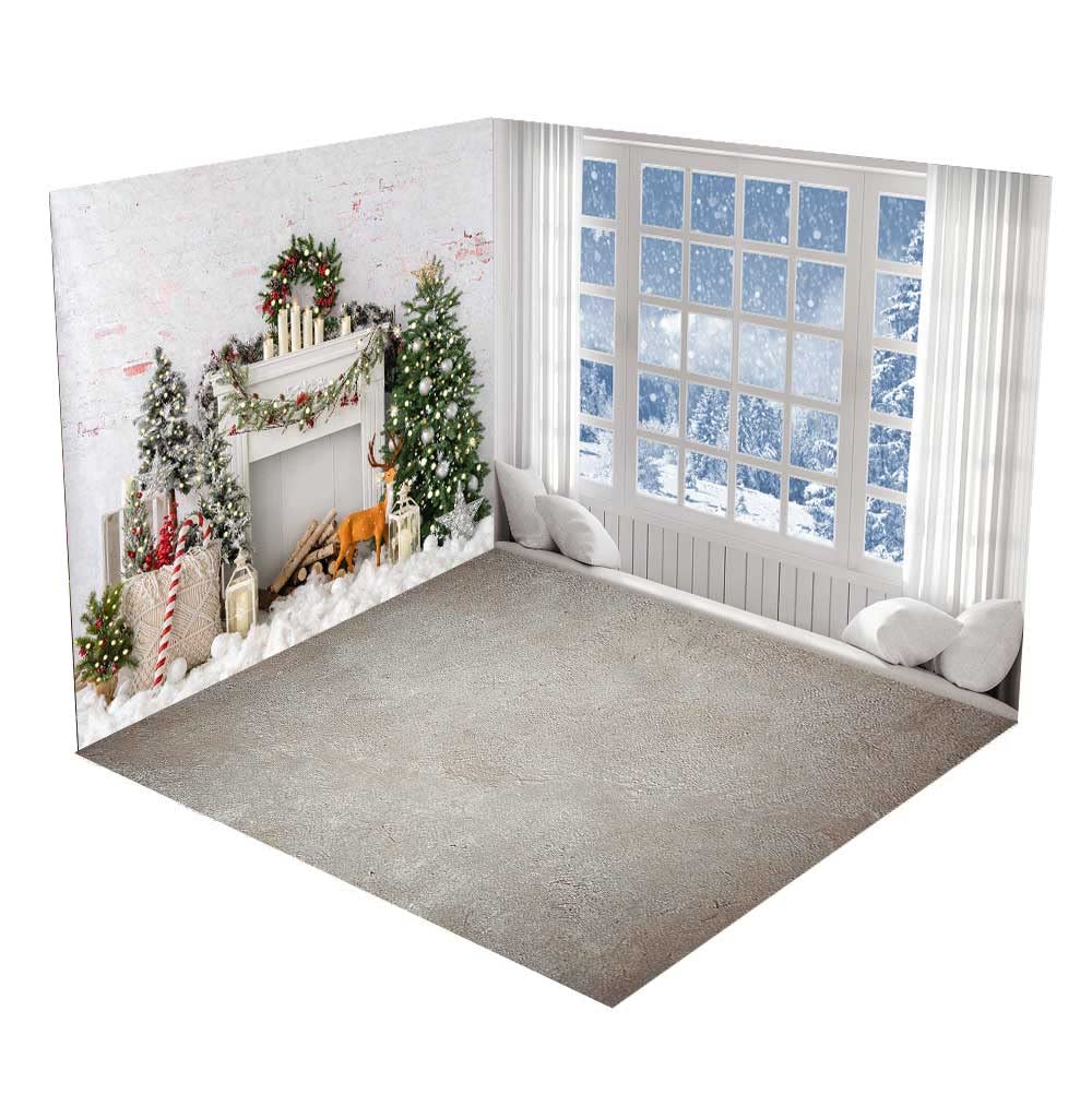 Kate Christmas Window Snow Scene Setters - Fireplace Backdrop for Indoor Decor & Photography (8ftx8ft, 10ftx8ft, 8ftx10ft) - Perfect for Holiday Home Decor, Party Backgrounds, and Festive Photo Shoots