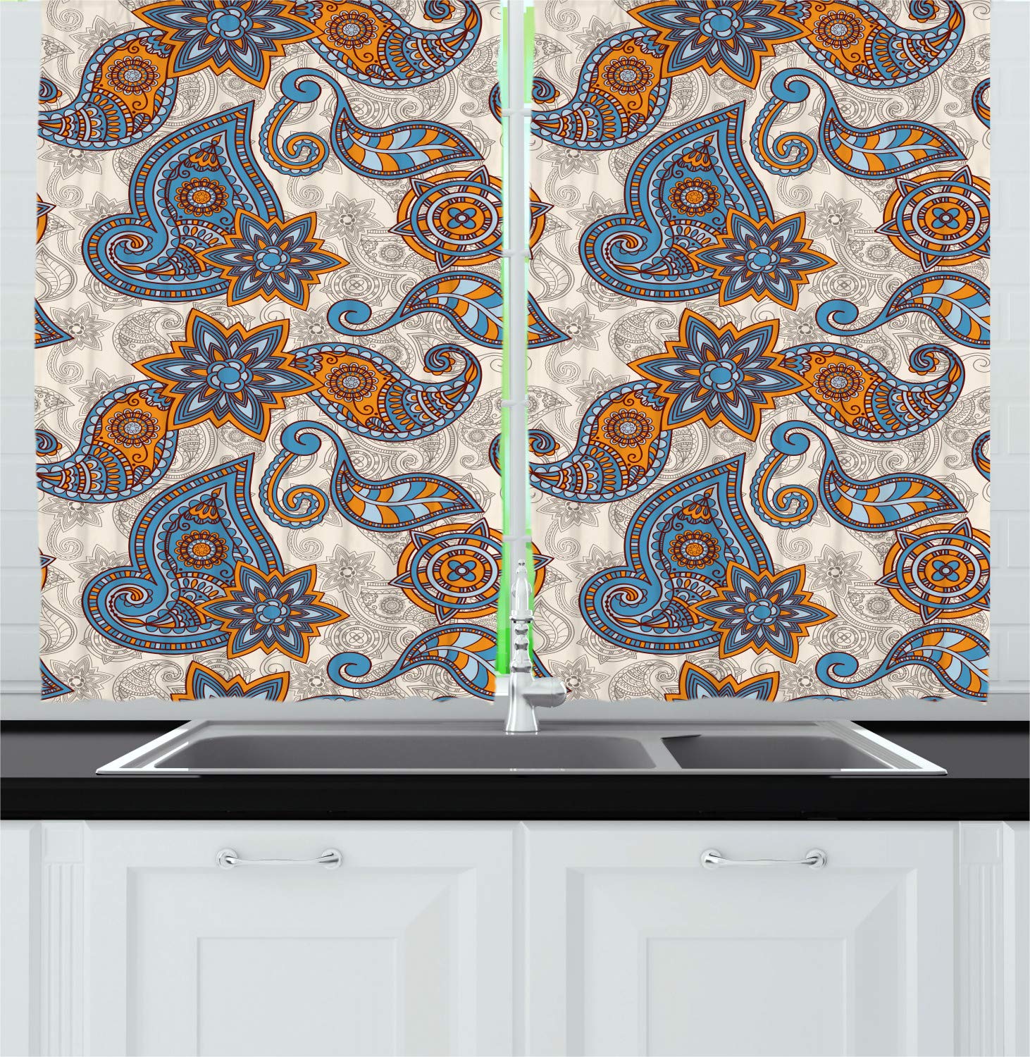 Ambesonne Vintage Kitchen Curtains - Paisley Floral Design Window Drapes 2 Panel Set (55x39 Inch) for Kitchen & Cafe Decor in Marigold Violet Blue Beige | Perfect for Farmhouse, Boho & Retro Style Homes