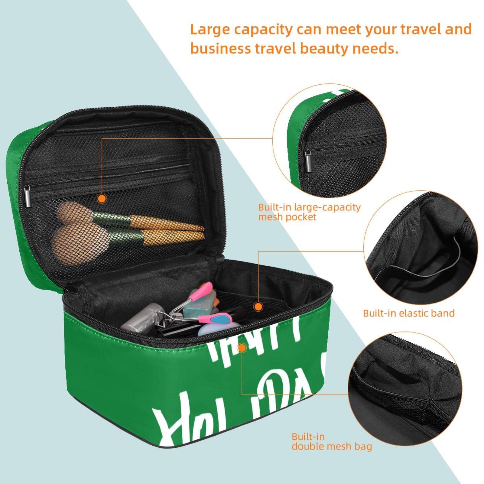Portable Travel Makeup Organizer Bag for Women - Waterproof Cosmetic Case with Multiple Pockets, Perfect for Toiletries & Beauty Essentials | Great for Vacation, Business Trips & Daily Use (Happy Holiday Green)