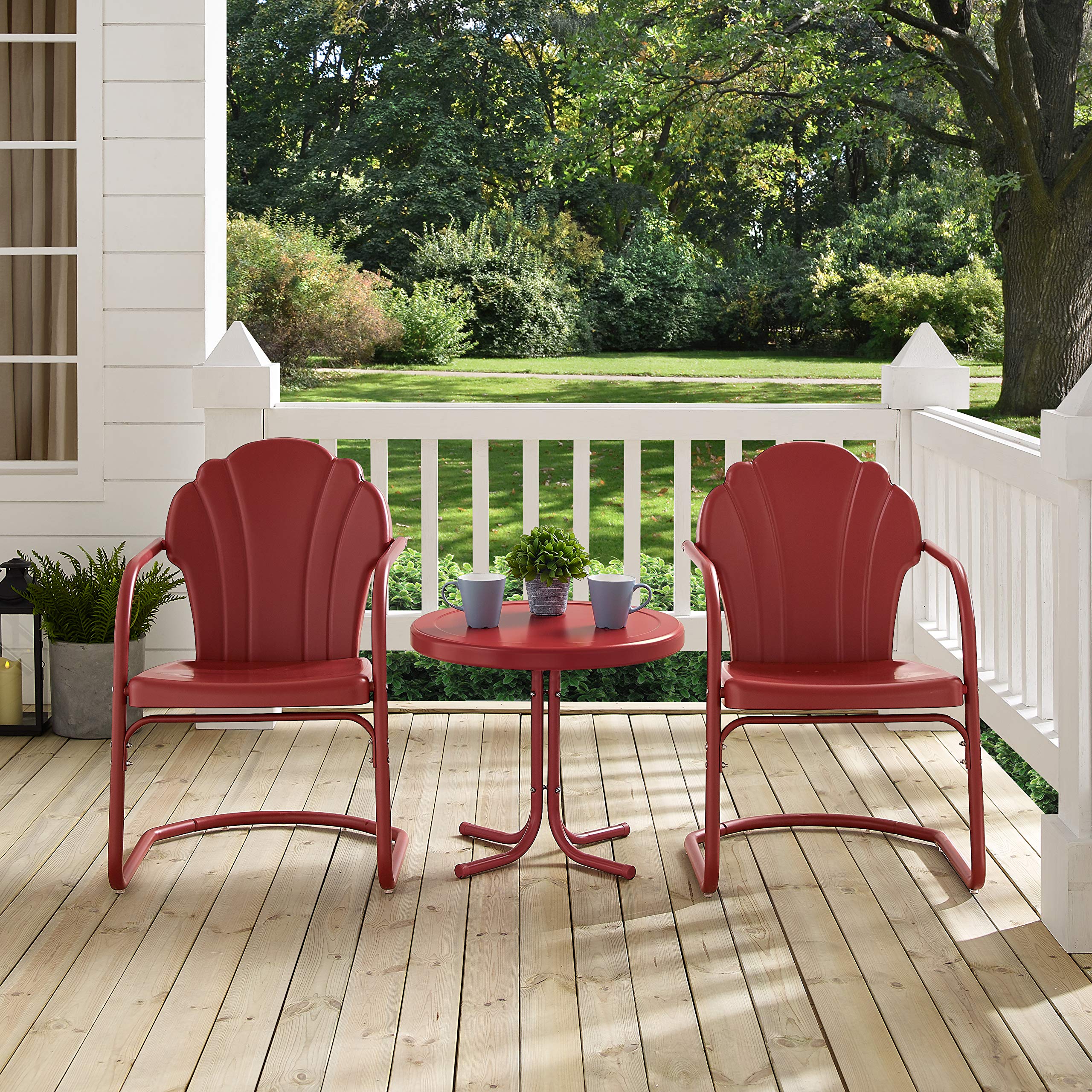 **Crosley Furniture Tulip 3-Piece Outdoor Chair and Side Table Set - Retro Metal Patio Conversation Set in Red - Perfect for Garden, Backyard, and Poolside Relaxation**