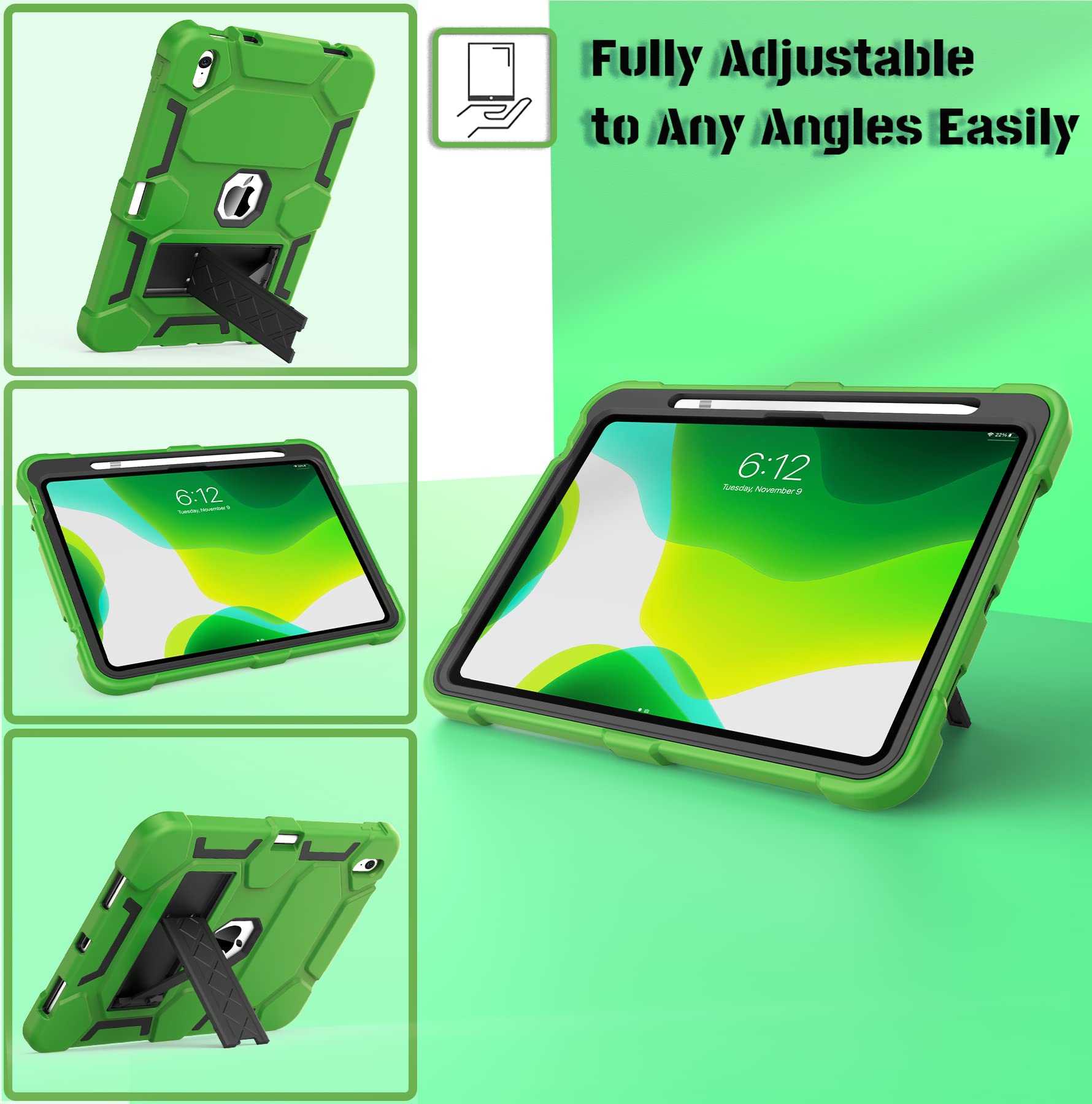 CCMAO Heavy Duty Shockproof Hybrid 3-Layer Protective Case for iPad 11th/10th Gen (2025/2022 Model A16) - Kickstand & Pencil Holder Included - Durable Green & Black Cover for Women & Girls - Perfect for Work, School & Travel